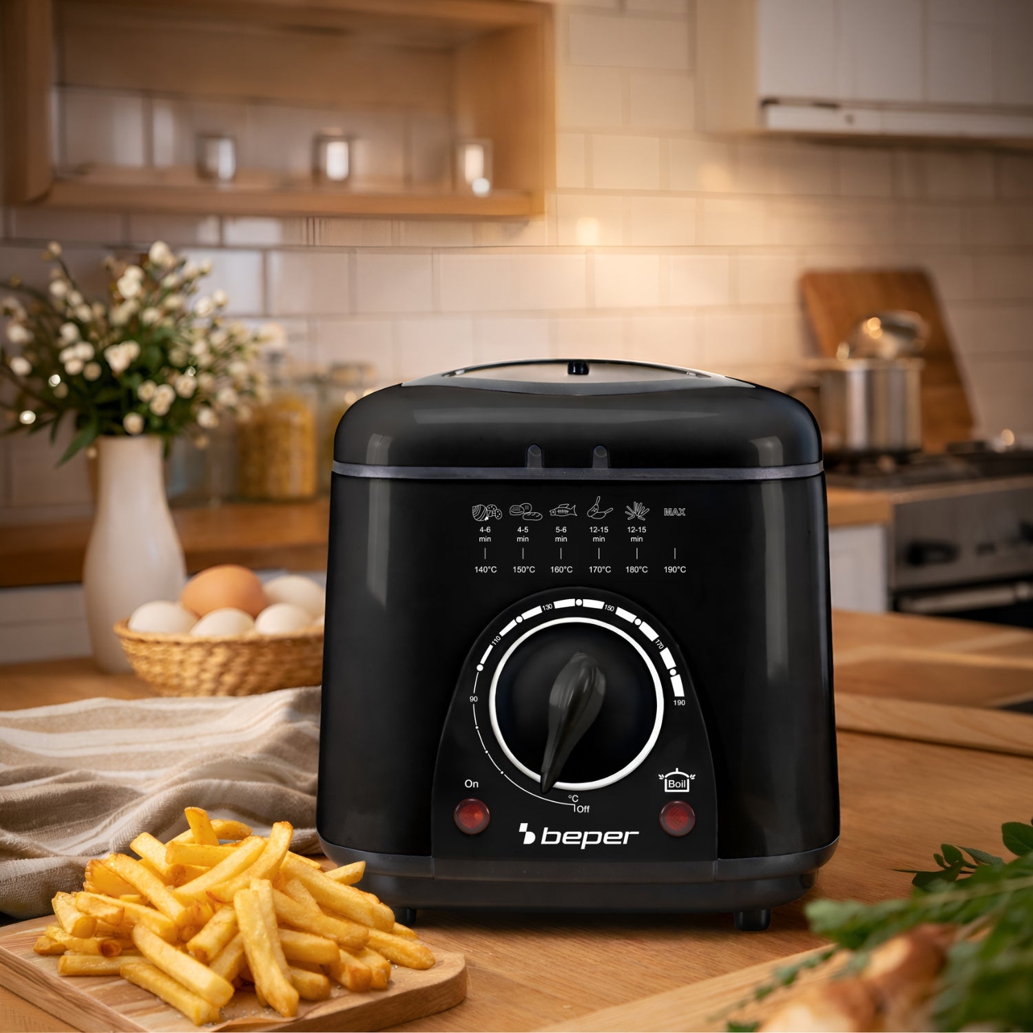 BEPER P101FRI100 Friteuse électrique 1 L, 950 W, panier en acier amovible, couvercle avec hublot, filtre amovible et lavable, température réglable - 6