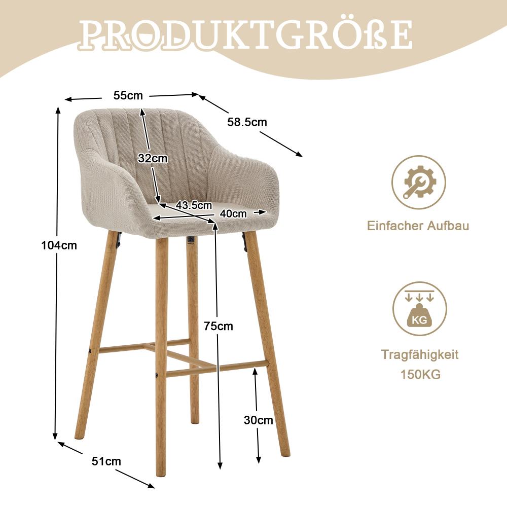 Tabouret de bar moderne vert en lin avec dossier haut et accoudoirs, pieds en bois, lot de 2, style européen pour cuisine ou îlot - 3
