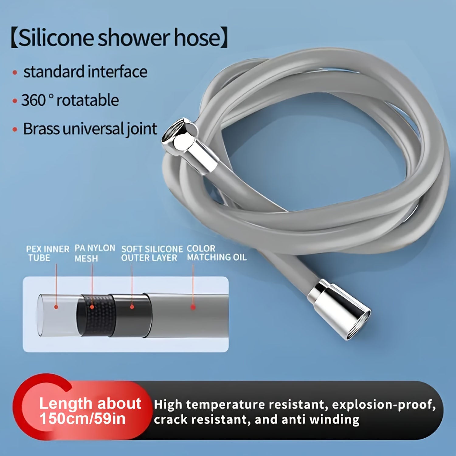 Flexible de ducha de mano de 200 cm, manguera de silicona, compatible con rociadores de ducha y cabezales de pulverización (gris, interfaz de 20 mm) - 4