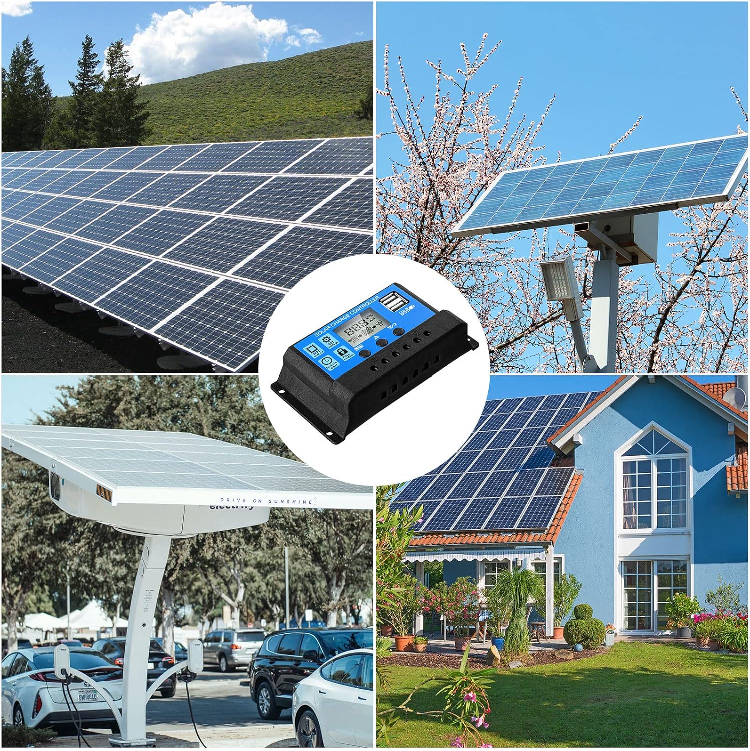 Controlador de célula solar 12V/24V, controlador de carga de painel solar, regulador de tensão com display LCD ajustável, temporizador, (10A) - 6