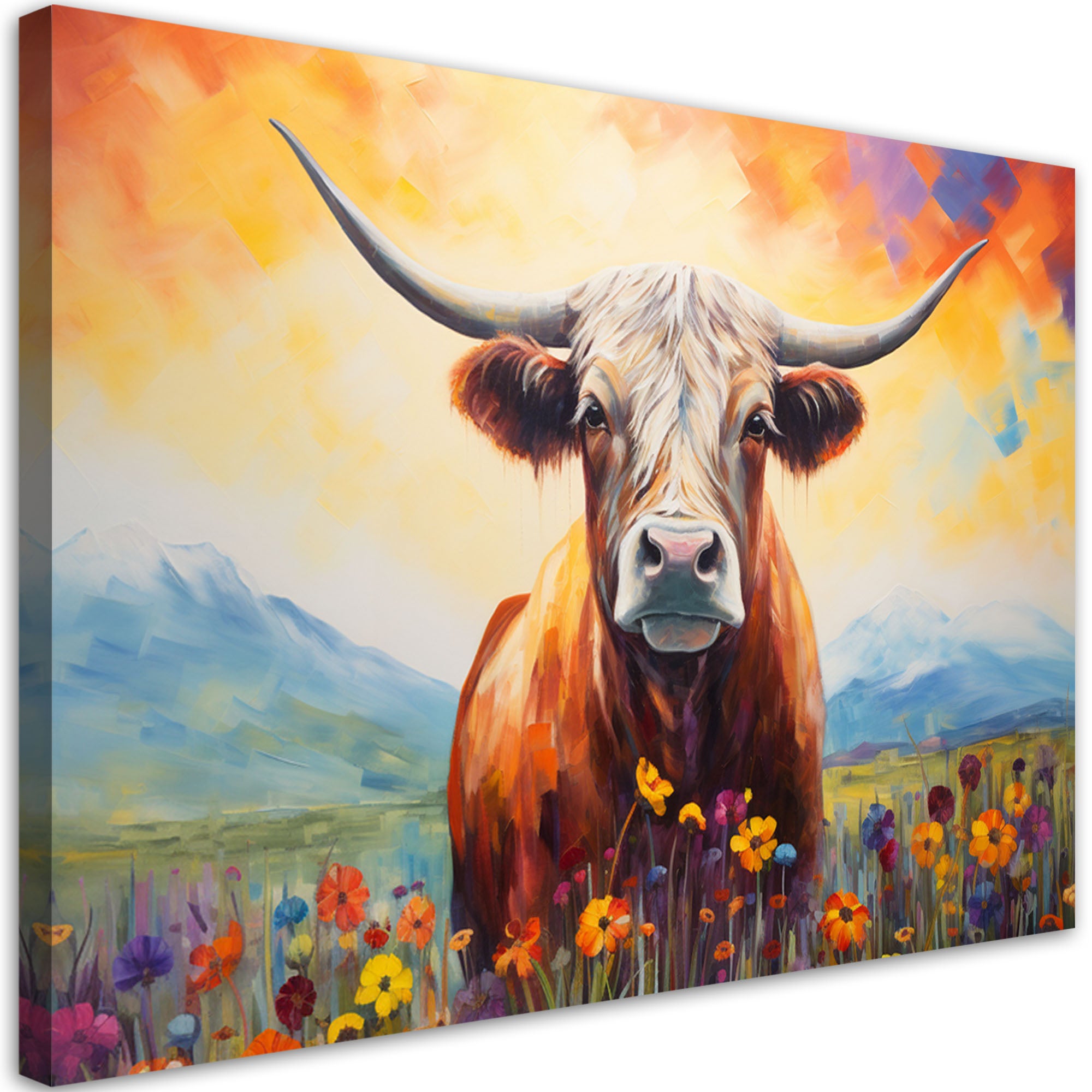Obraz na płótnie, Pastelowa Łąka Szkocka Krowa Kwiaty 60x40