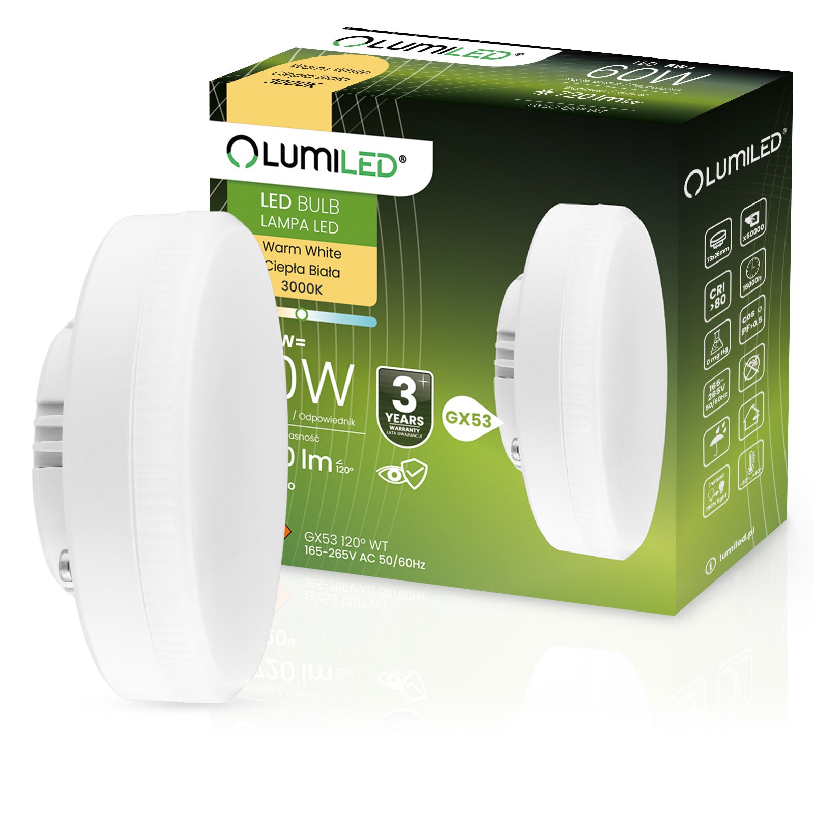 Żarówka LED Lumiled GX53 Reflektor 8W 720lm 3000K Ciepła biel 120st 1 szt.