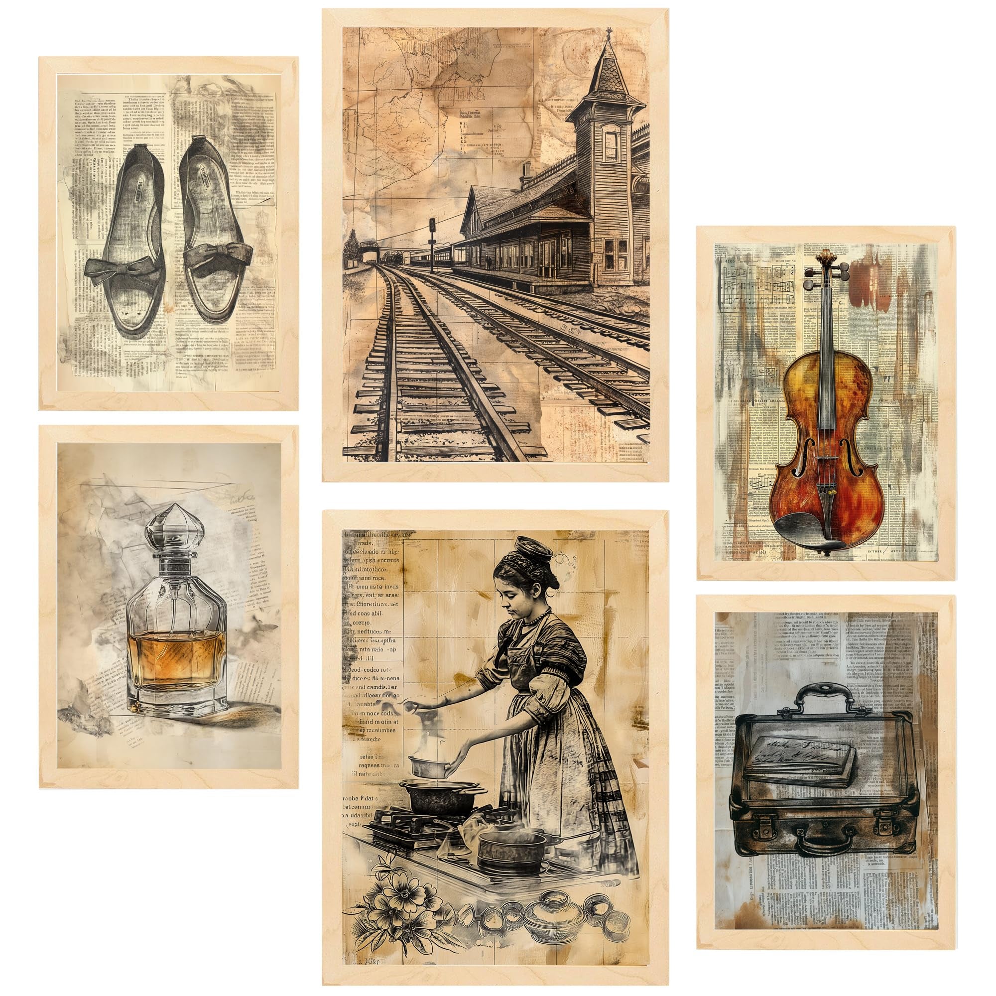 Set de 6 vintage woman lifestyle cuadros con ilustración de diseño para decorar las paredes del hogar habitación a3 a4 marco madera clara