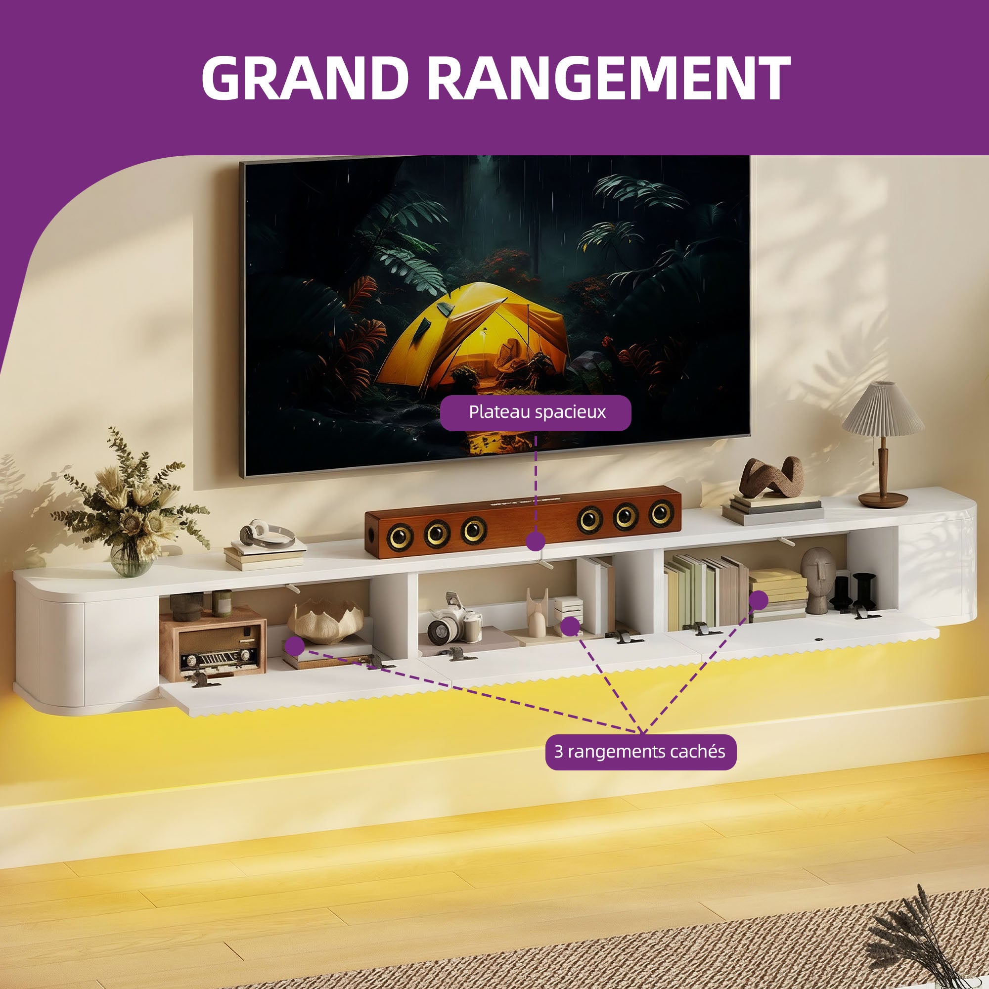 YITAHOME Meuble TV flottant 140 cm, étagères murales pour TV avec éclairage LED RGB, 180L × 25P × 20H cm, blanc haute brillance - 3