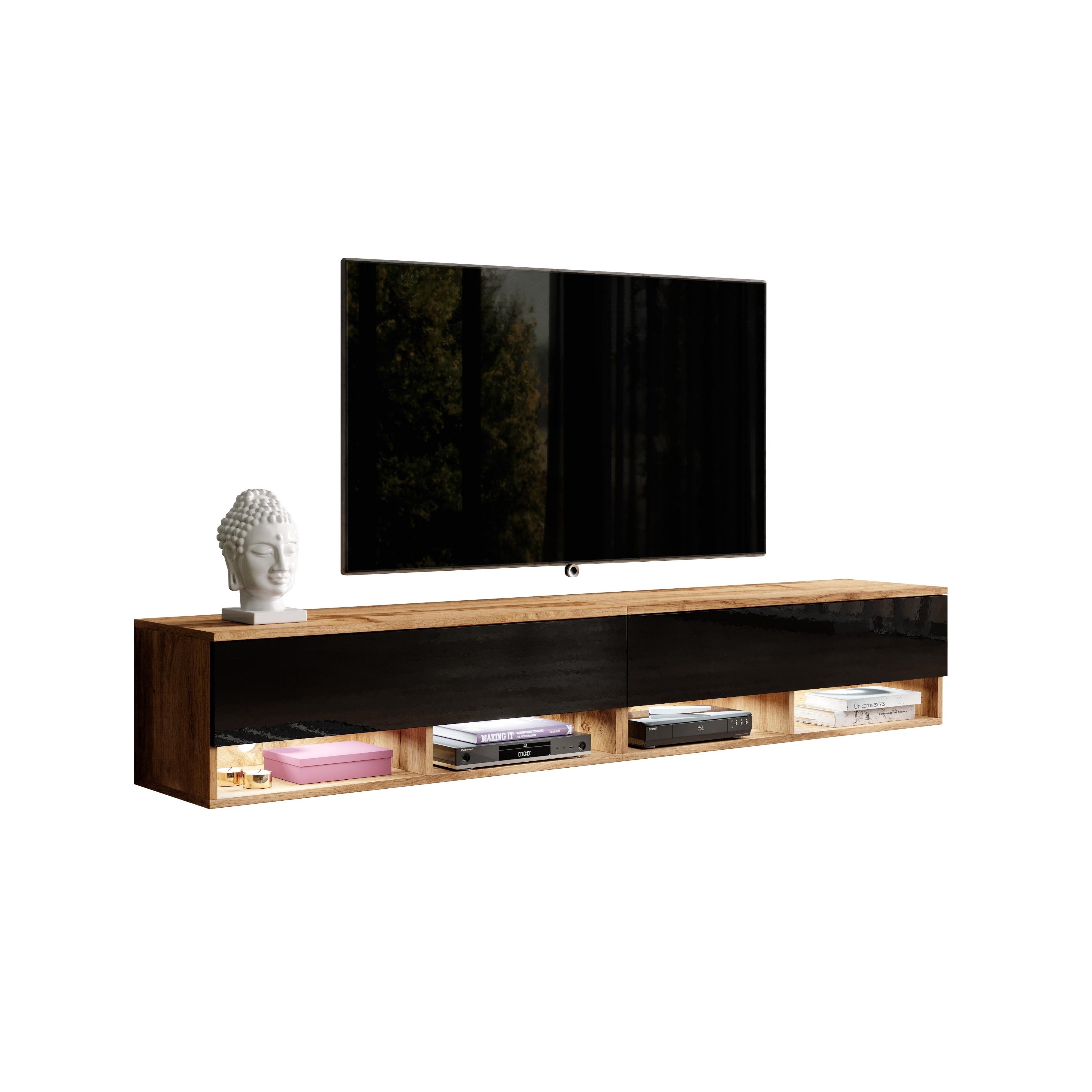 Furnix Meuble tv, Banc tv, Meuble Suspendu à la Mode, 2 Compartiments Spacieux, Chêne Wotan, Blanc Brillant – sans LED, 180 cm