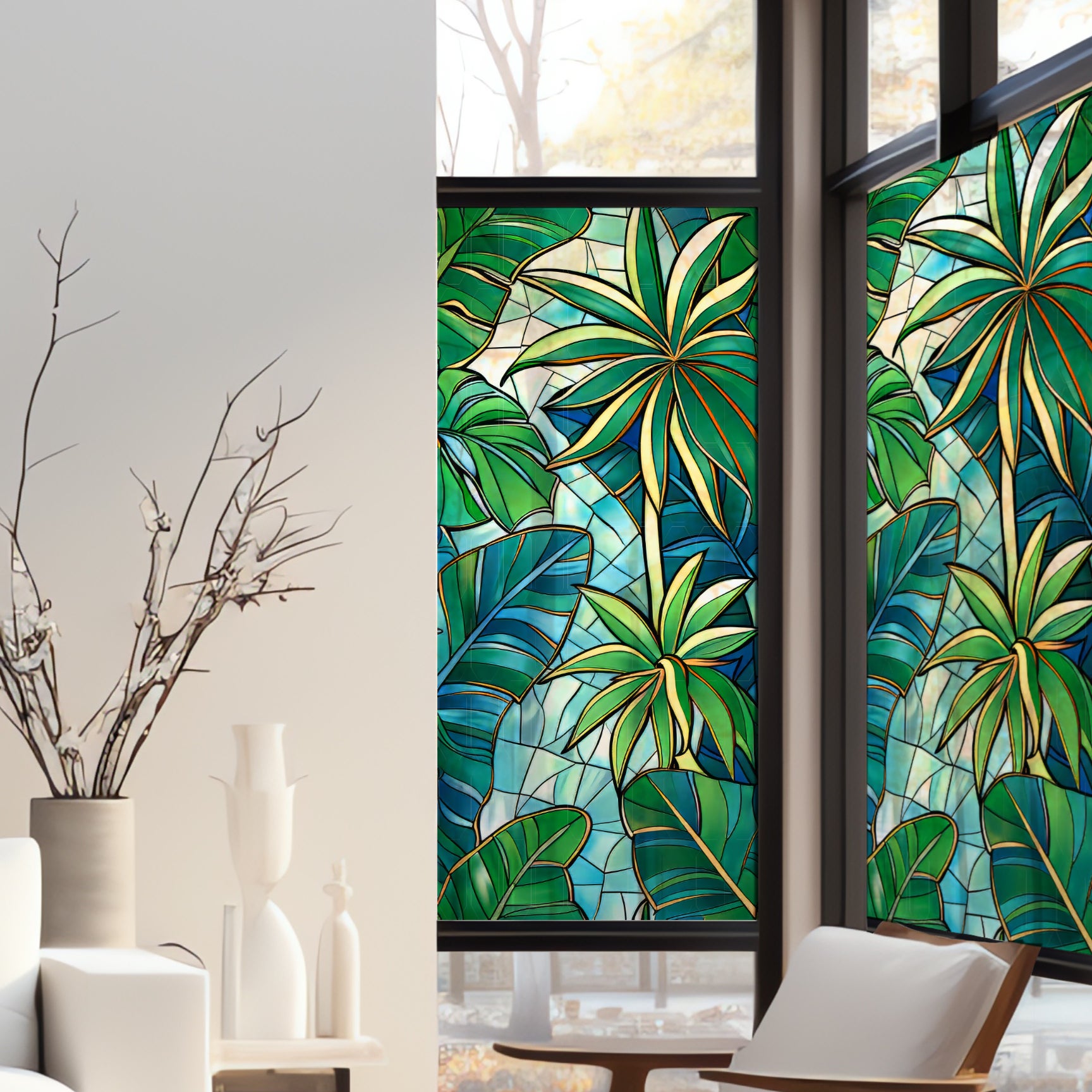 Pegatinas decorativas electrostáticas, jungla verde, efecto de vidrieras, 150 cm x 67.5 cm