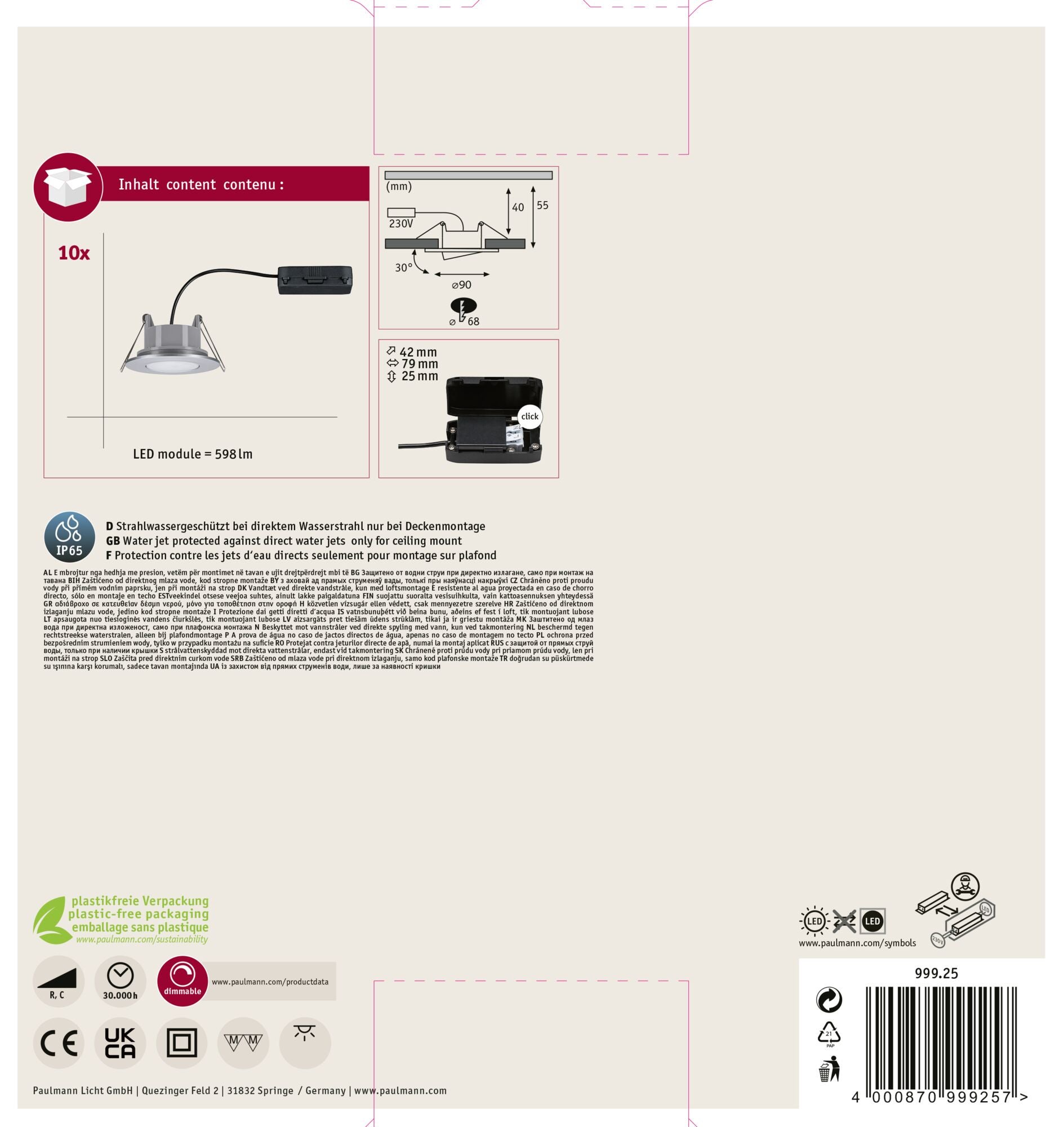 Spot encastré LED Calla Kit de base orientable IP65 rond 90 mm 30° 10x5,2W 10x460lm 230V gradable 4000K Chrome mat - 8