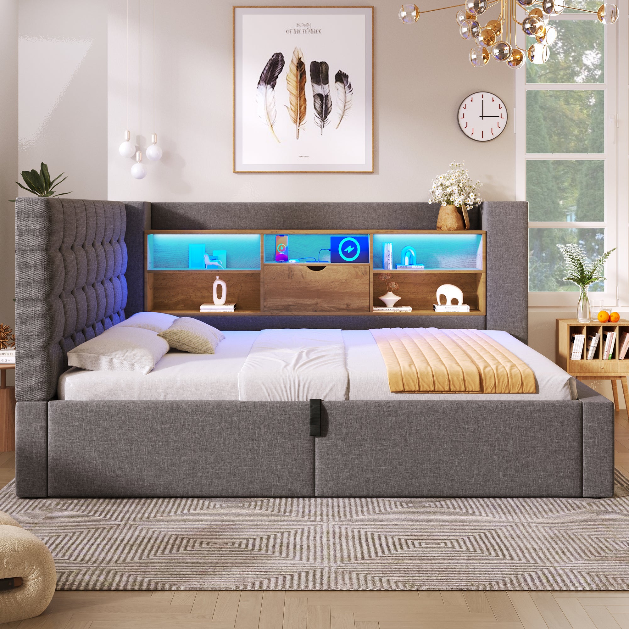 Łóżko z pojemnikiem 90 x 190 cm i 6 przegródkami – tkanina lniana – diody LED i porty USB – kolor szary (materac nie jest dołączony) - 9