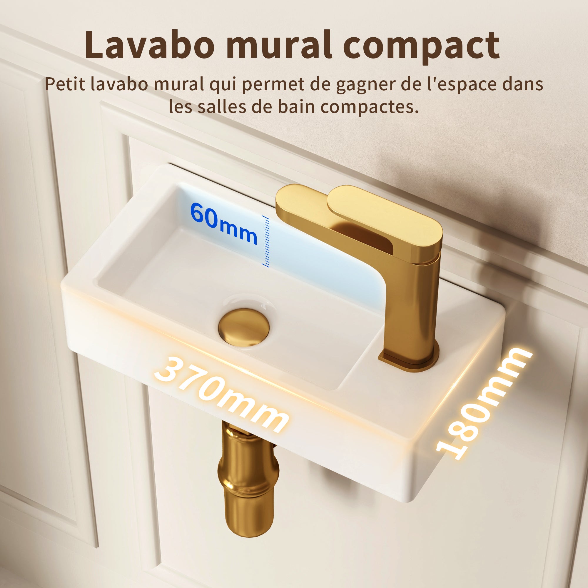 Vasque Lave Main Meuble - DeerValley Vasque Suspendu Rectangulaire Blanc pour Vasque Salle de Bain - Trou pour Robinet à Droite 37.5x18x9cm - 3