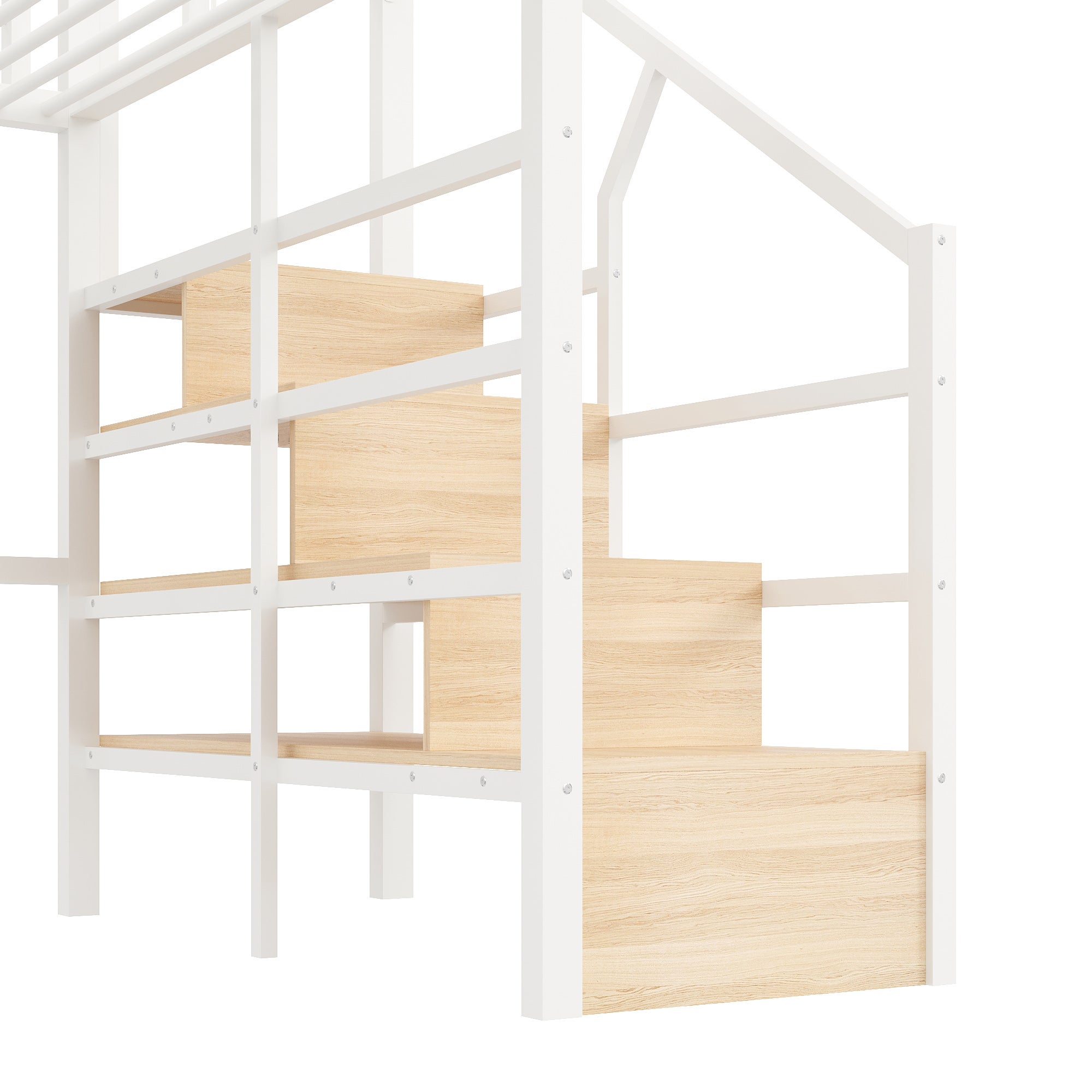 Lit mezzanine 140 x 200 cm avec éclairage LED, escalier avec rangements intégrés, espace libre modulable dessous, structure en métal robuste, blanc - 8