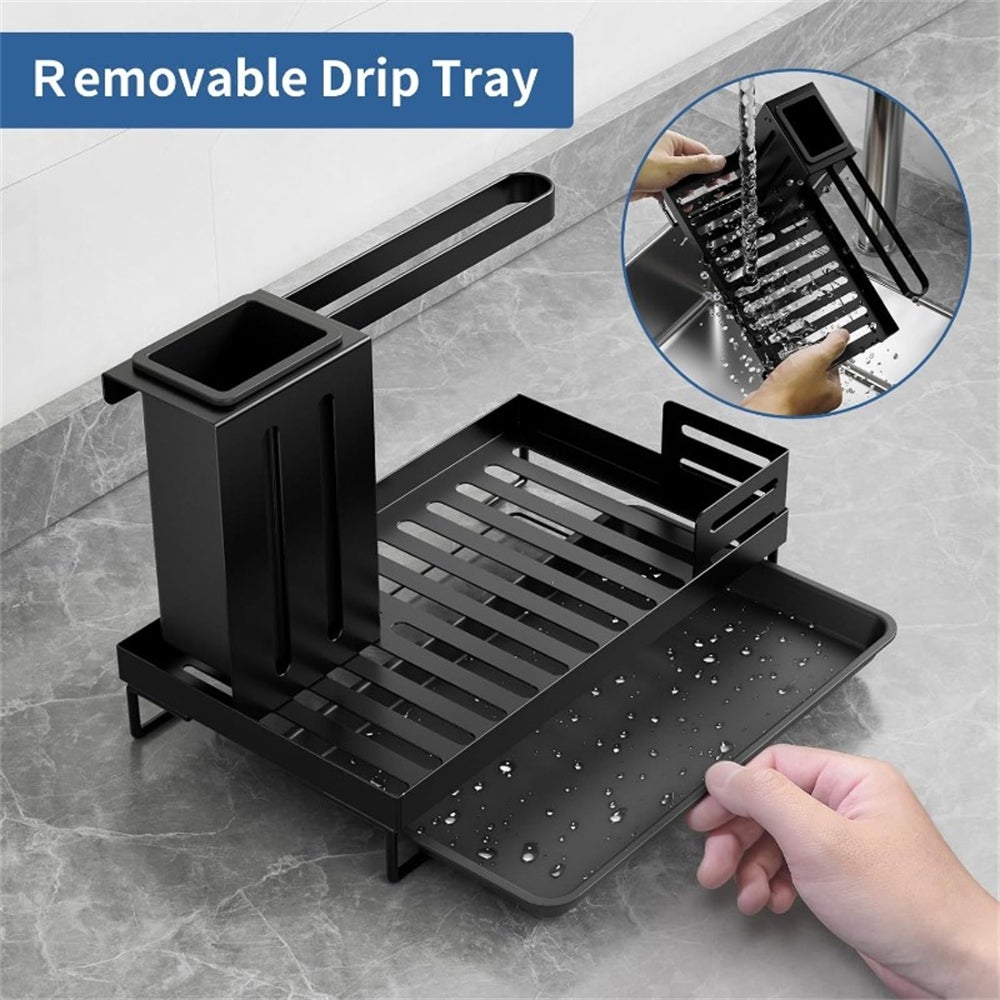 Portaoggetti per cucina e bagno con vaschetta di scarico – scolapiatti multifunzionale con porta spugna e porta scopino - 5