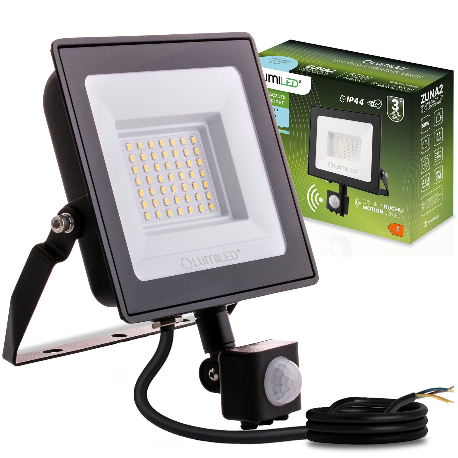 Naświetlacz LED Lumiled 50W 4500lm 6500K Zimna biel IP44 Czarny Czujnik Ruchu 1 szt.