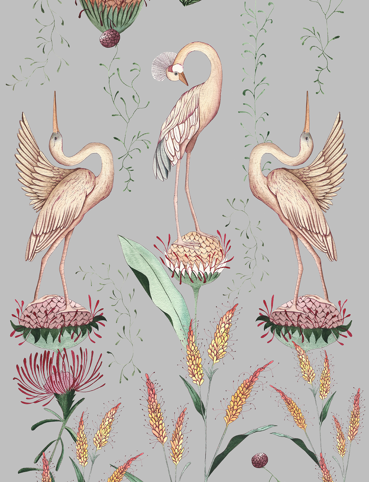 Papel pintado pájaros grulla gris y rosa - 53 cm x 10 m - walls4you
