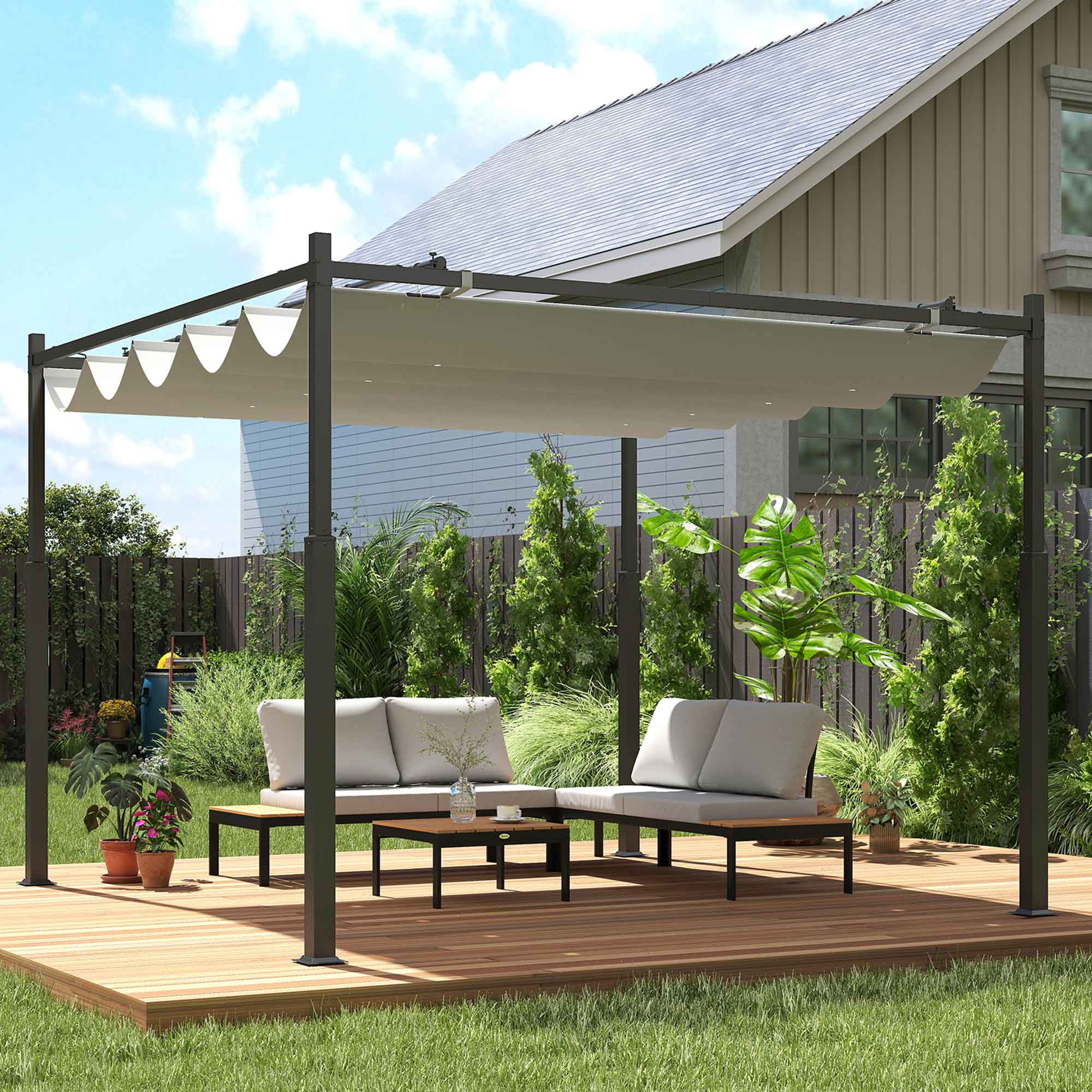 Pérgola Outsunny Metal, Poliéster Crema 298x298x230 cm - 2