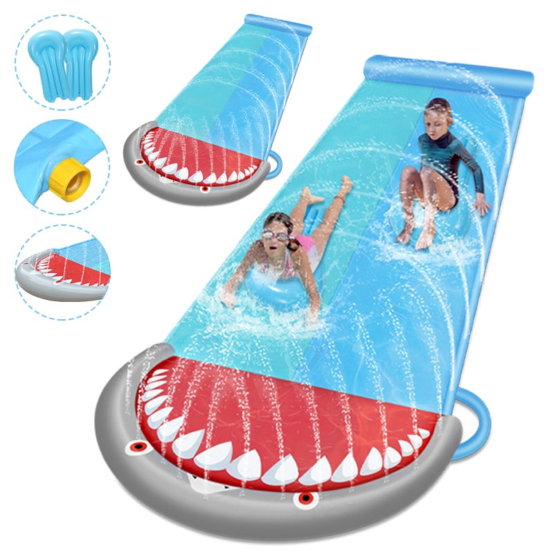 Toboggan Aquatique Double 610cm X 140cm Avec 2 Planches De Surf - Glissade Eau Pour Jardin Et Pelouse