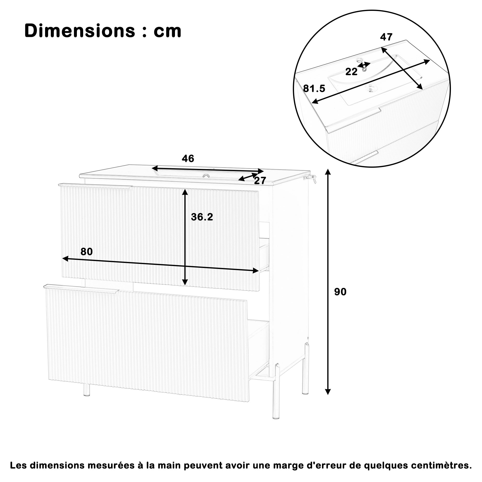 Móvel de banheiro com pia única, gabinete baixo com cuba de cerâmica - 2 gavetas - 81,5 x 47 x 90 cm - MDF - Verde - 5