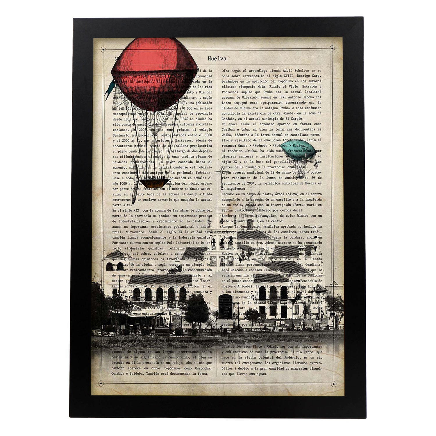 Poster de huelva. láminas de ciudades espanolas con definiciones. decoracion de interiores para espanoles. marco madera clara - a3