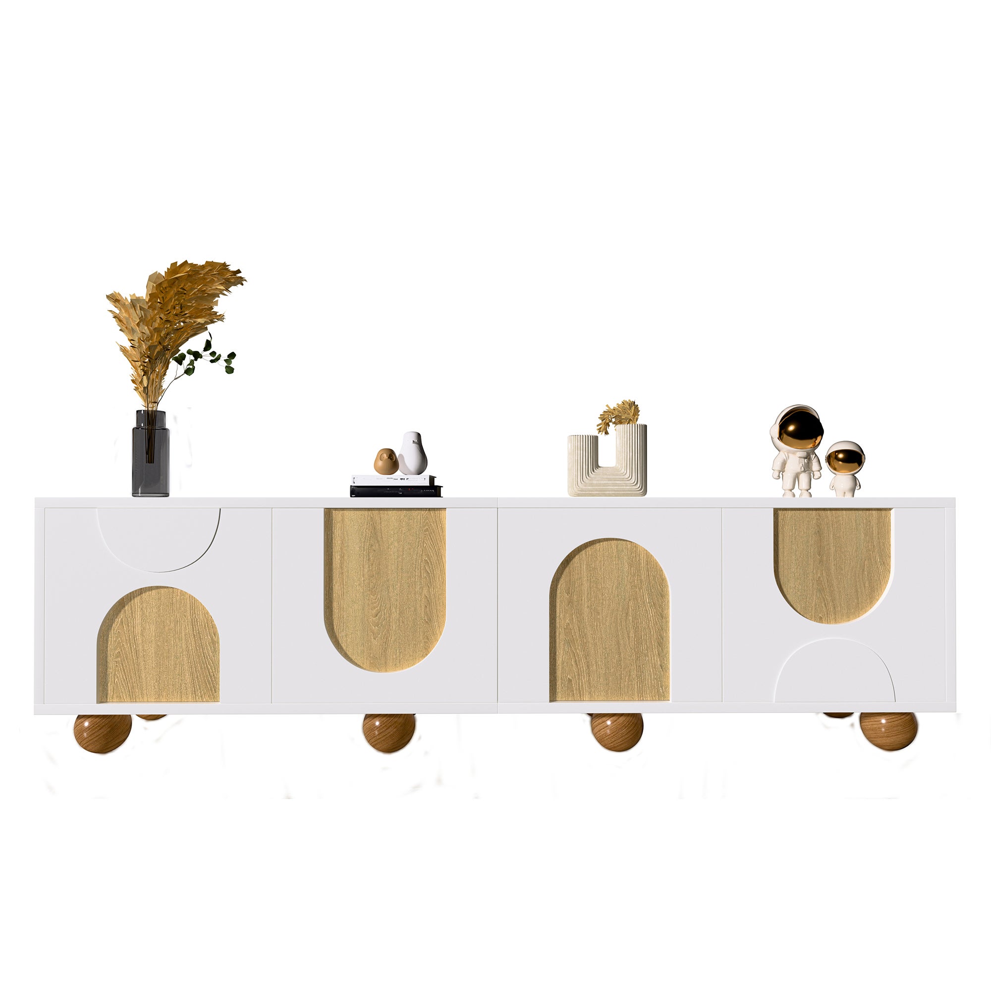 Meble pod TV 175x38x50cm - 4 fronty - wygląd vintage drewna - Drewniane nogi - MDF + płyty wiórowe - Biały i naturalny - 8