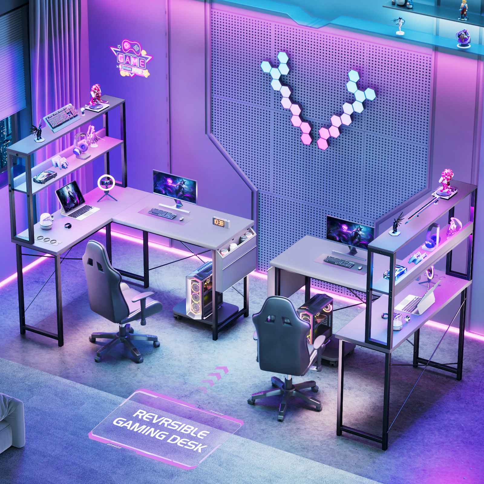 Bureau Gaming en L avec LED & Prise de Courant, Bureau Réversible 53