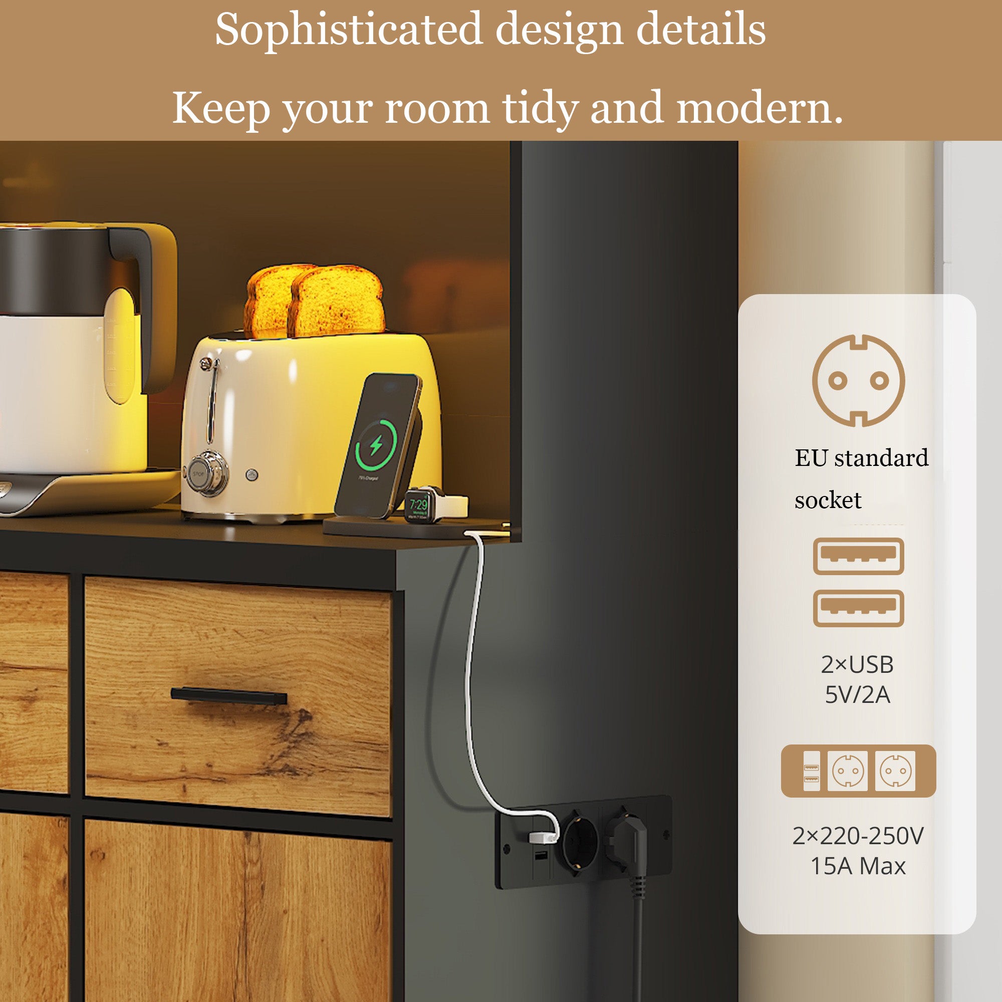 Buffet Multifonctionnel avec LED, Naturel + Noir,Télécommande, Espace de Rangement et Prises USB - 180x100x40cm, pour Cuisine et Salle à Manger - 3