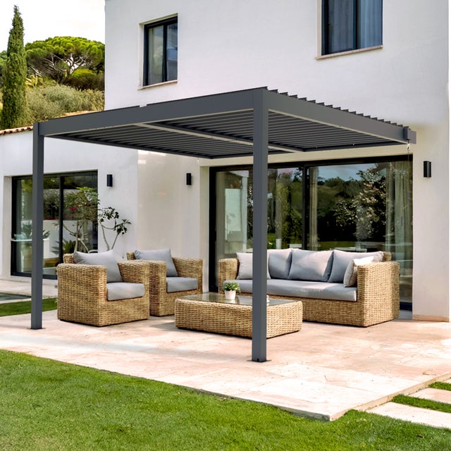 Pergola bioclimatique adossée PIANA 3x3m aluminium gris - Lames orientables