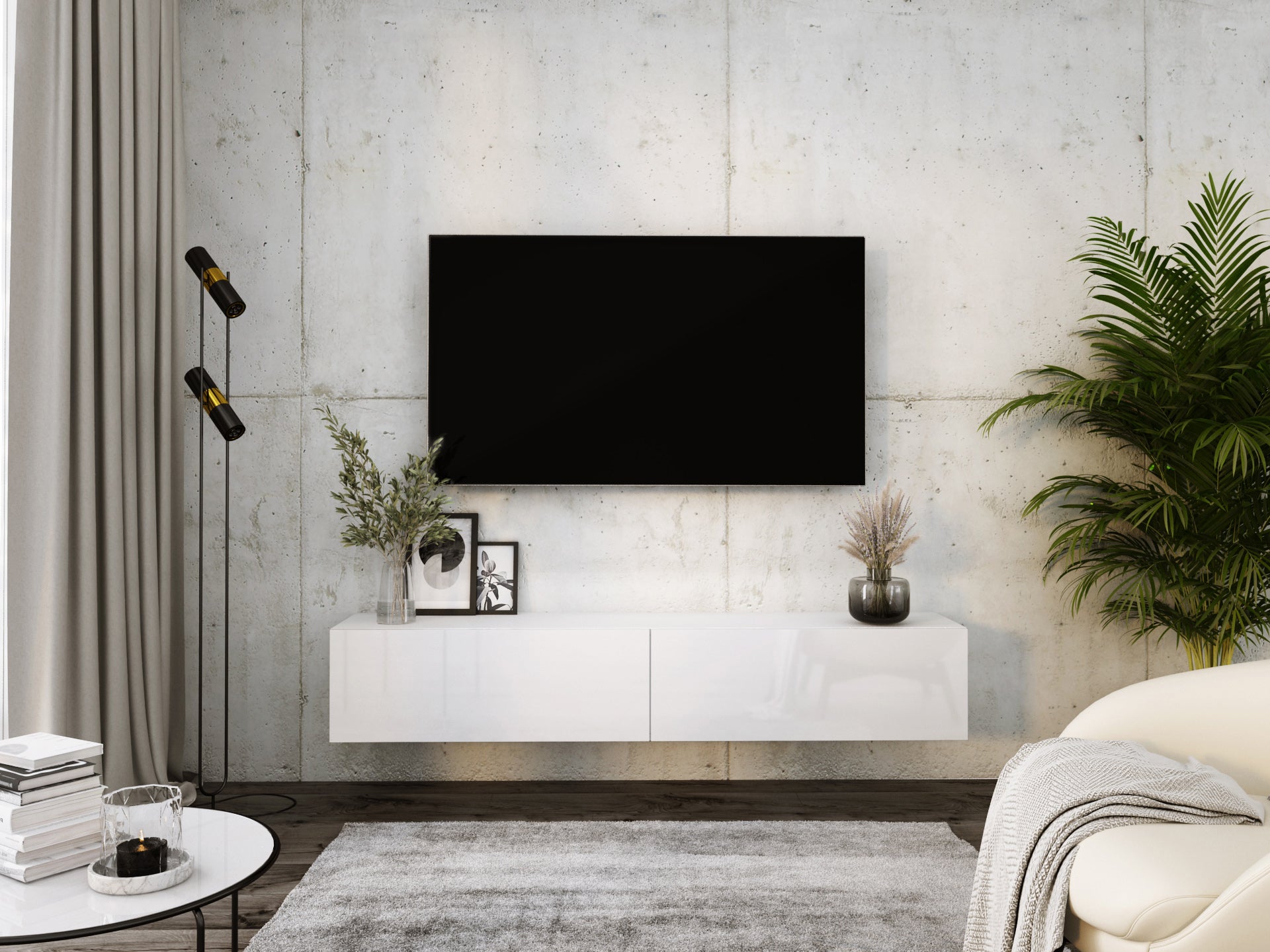 Szafka RTV : Biały Matowy / Biały Połysk, 170 x 32 x 34 cm
