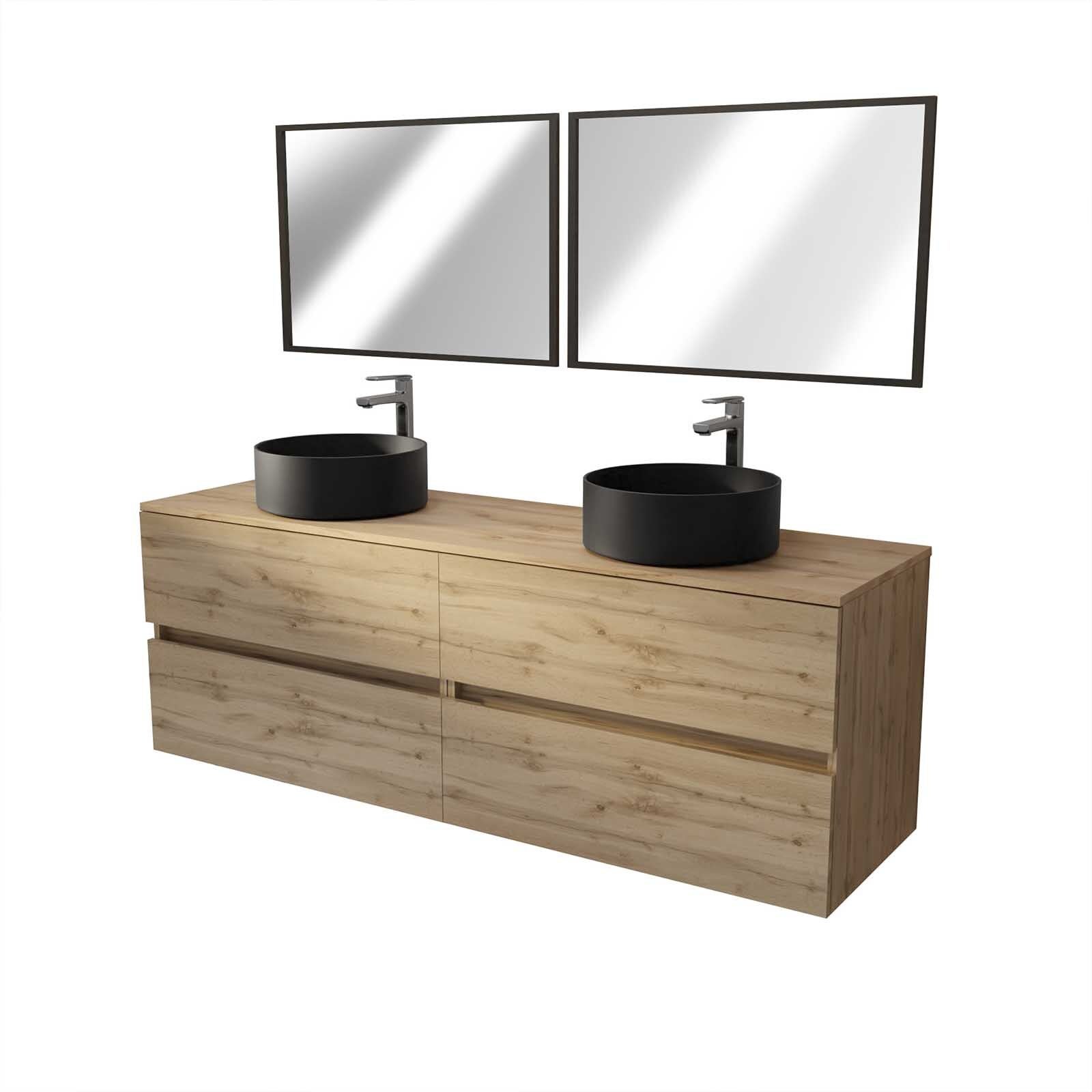 Meuble Salle de Bains 160 TIMBER Décor Chêne 4 Tiroirs Vasques à Poser Noires 2 Miroirs 75x55 - 3