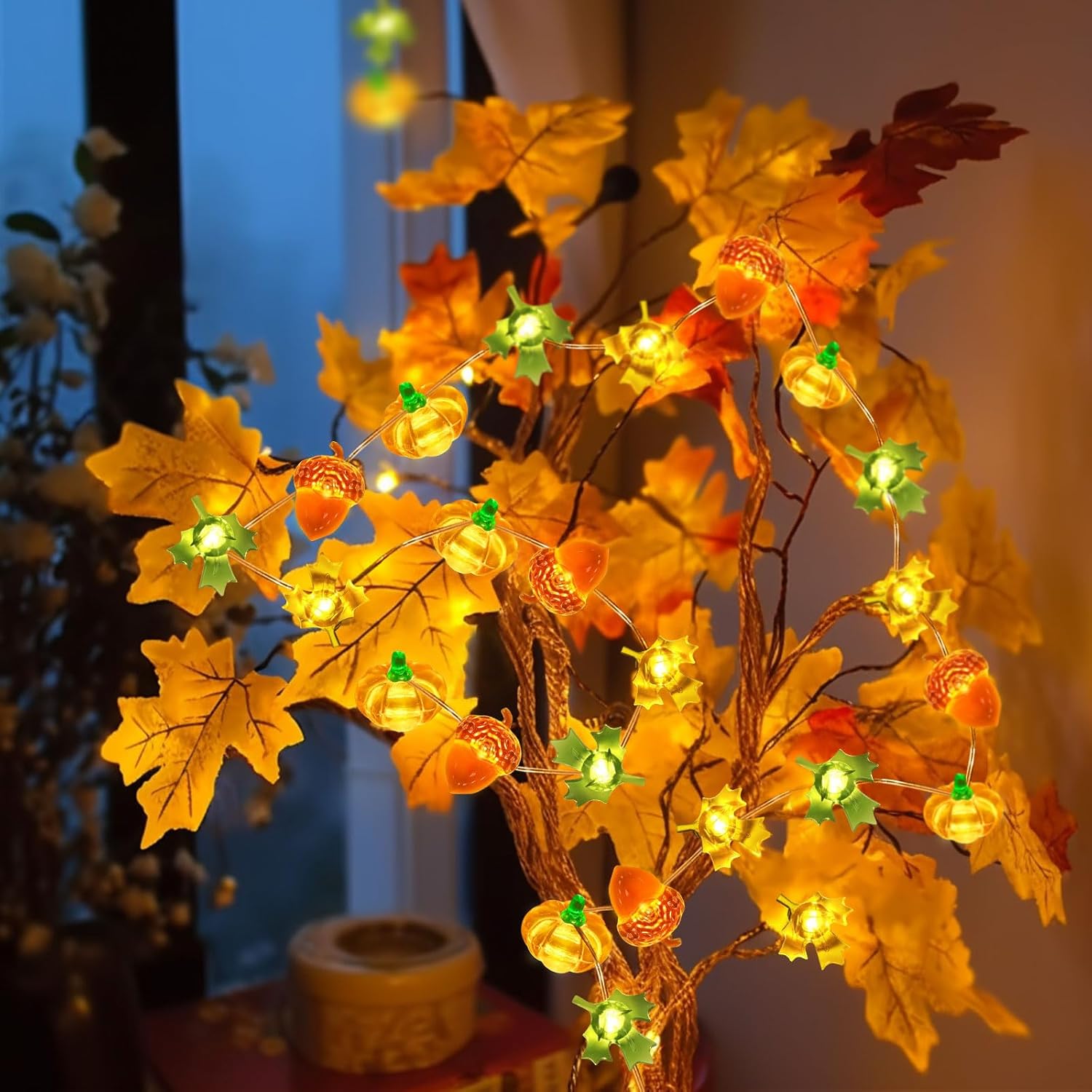 3-metrowy sznur świetlny w kształcie dyni i liścia klonu, 30 diod LED, zasilany bateriami, idealny do dekoracji imprezy Halloween. - 7