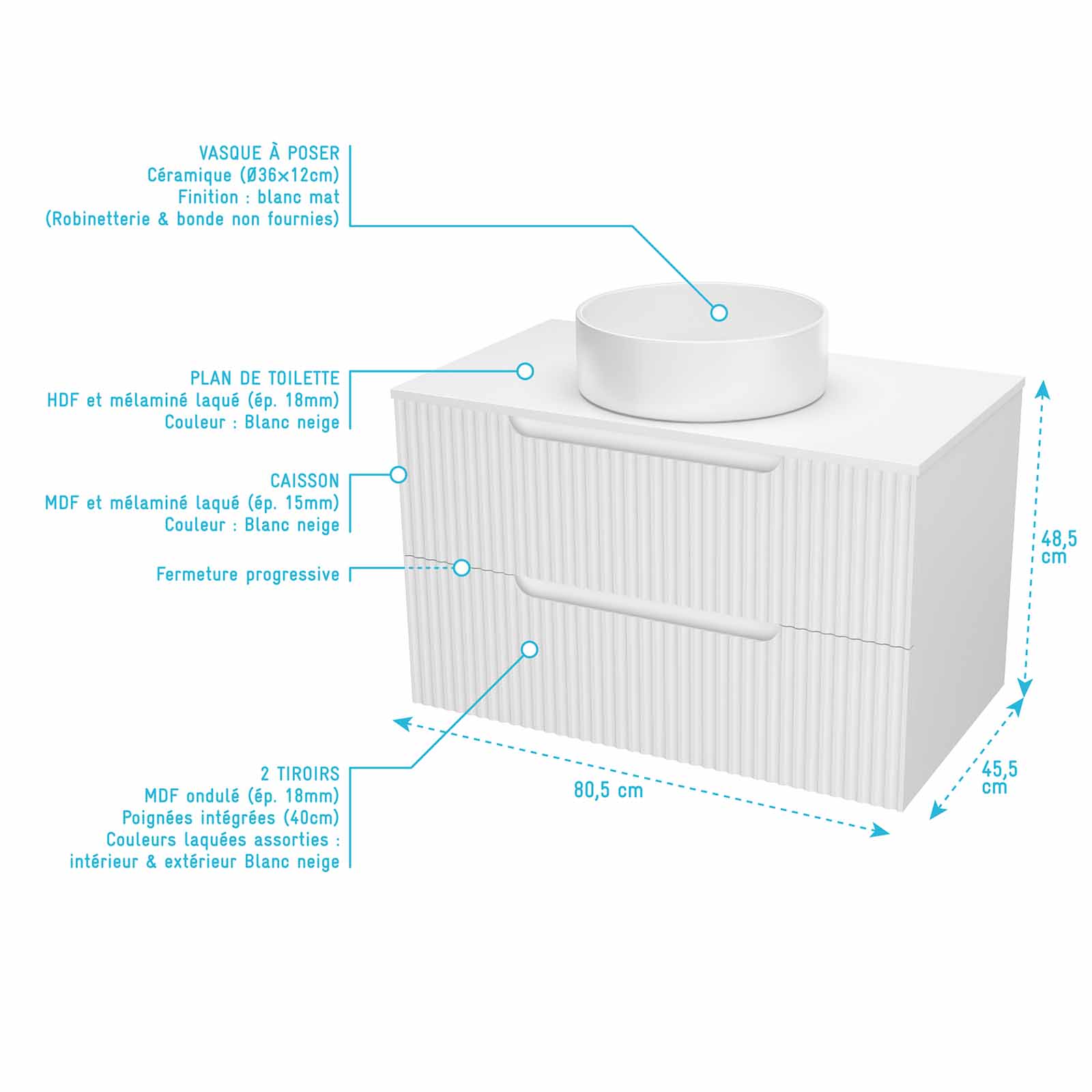 Meuble et colonne de Salle de Bains LEON 80cm Blanc Neige - Façades Ondulées - Vasque Ronde 36cm - 4