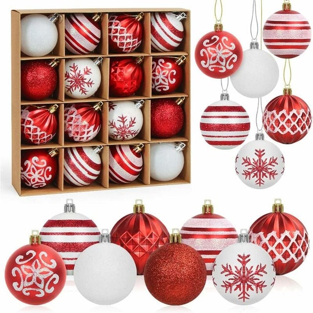 Boules de Noël Rouge et Blanc, 16pcs Boule d'arbre de Noël 6cm, Ornement de Sapin de Noël, Peint Boule Noel Plastique avec Lanière