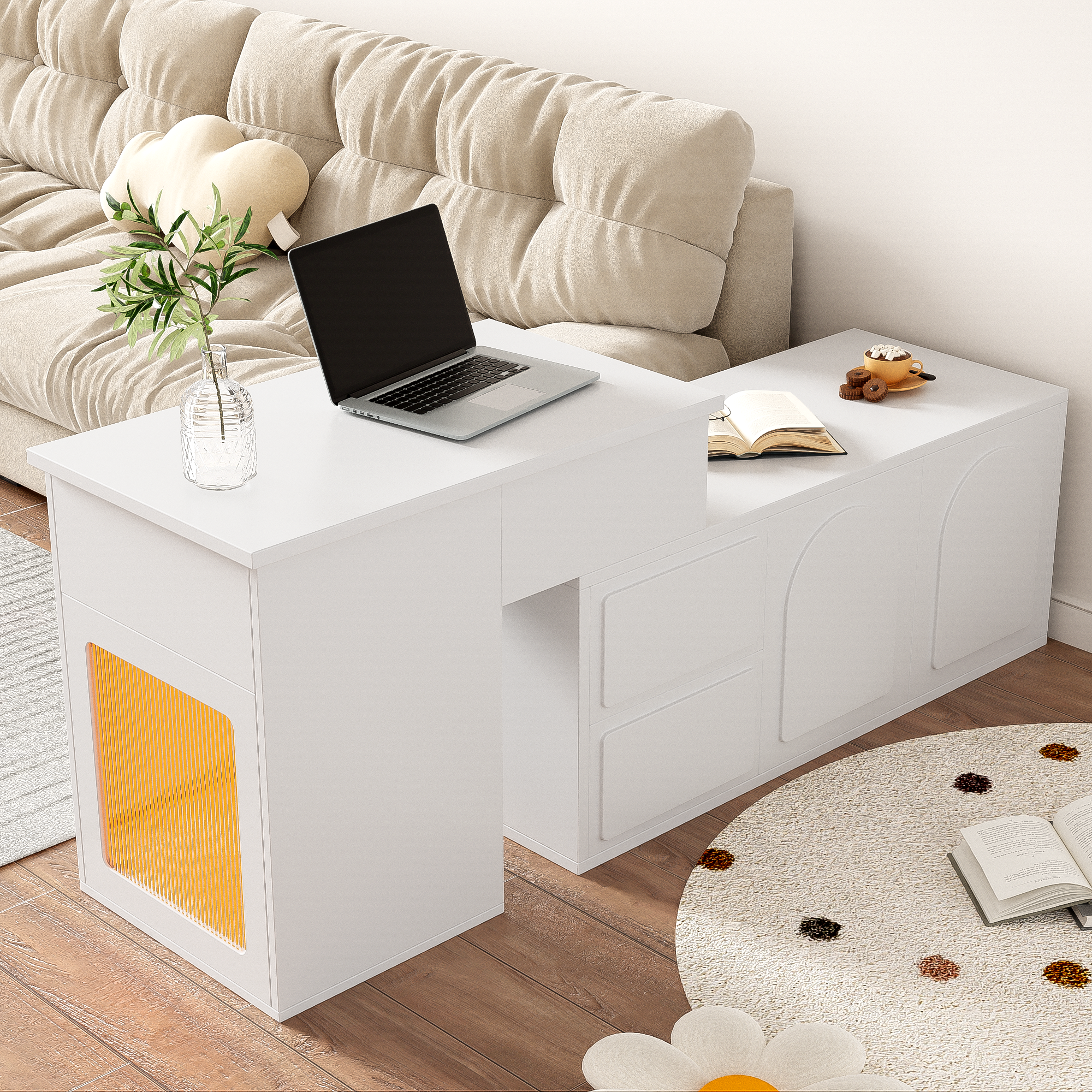 Buffet blanc polyvalent avec 2 tiroirs, plan de travail réglable en ...