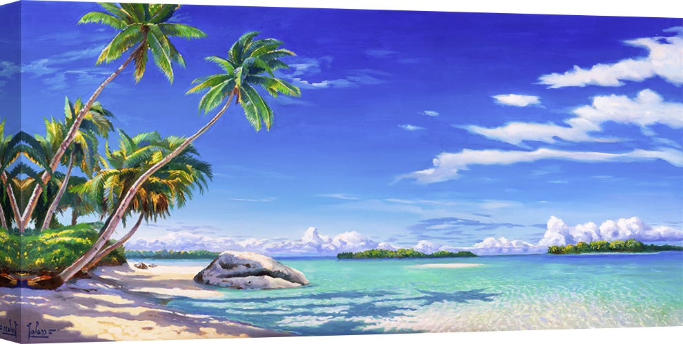 Image sur verre Tableau Palmiers mer paysage bleu brun vert Image sur verre Tableau Palmiers mer paysage bleu brun vert