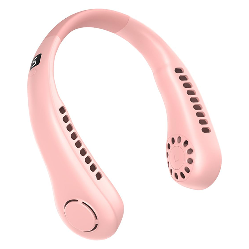 Akumulatorowy wentylator na szyję z wyświetlaczem LED, w kolorze różowym, 5 ustawień prędkości wiatru, odpowiedni do podróży i ćwiczeń.