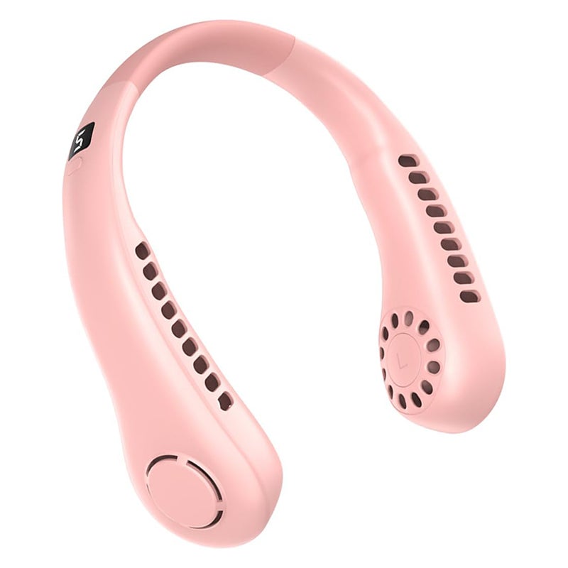 Akumulatorowy wentylator na szyję z wyświetlaczem LED, w kolorze różowym, 5 ustawień prędkości wiatru, odpowiedni do podróży i ćwiczeń.