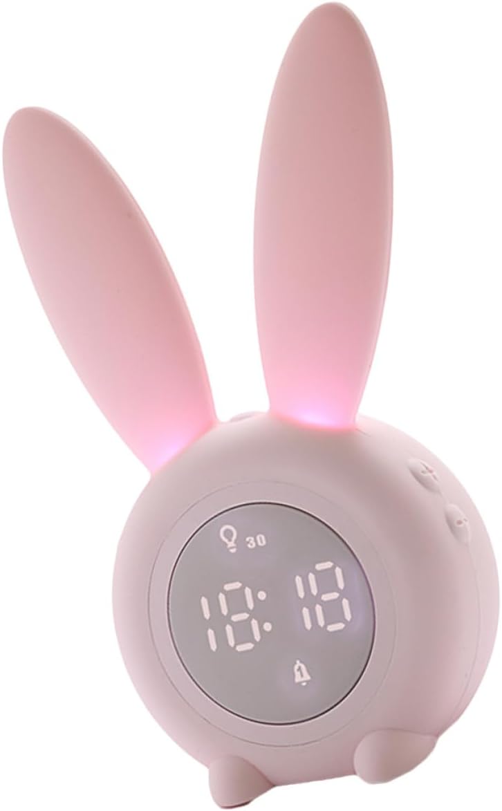 Budzik z lampką nocną LED w kształcie różowych uszu króliczka, miniaturowy budzik biurkowy ładowany przez USB, wyświetlacz cyfrowy, cichy, funkcja drz