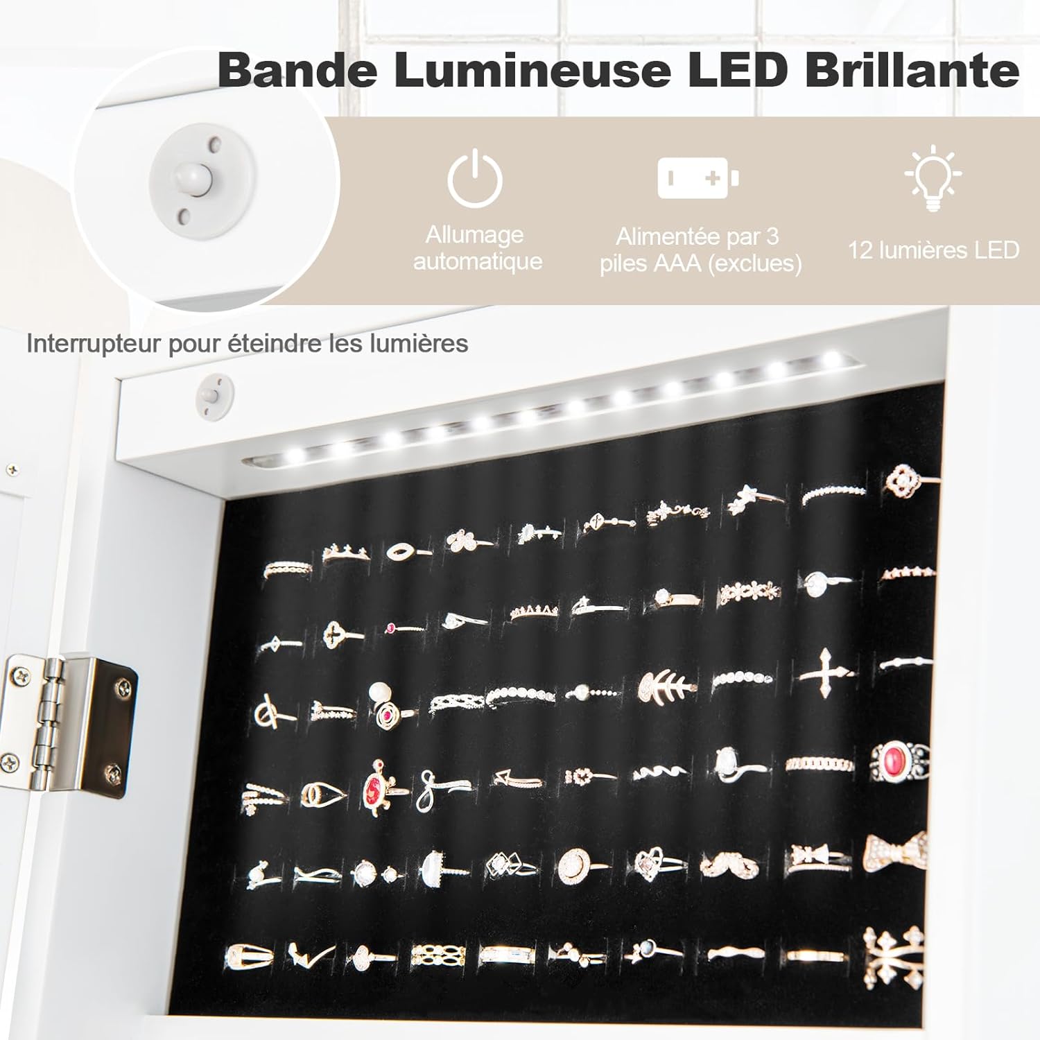 Armoire à Bijoux sur Pied avec Lumières LED et Miroir,avec Miroir Plein Longueur sur le Miroir,Organisateur d'Armoire à Bijoux,3 Etagères (Blanc) - 6