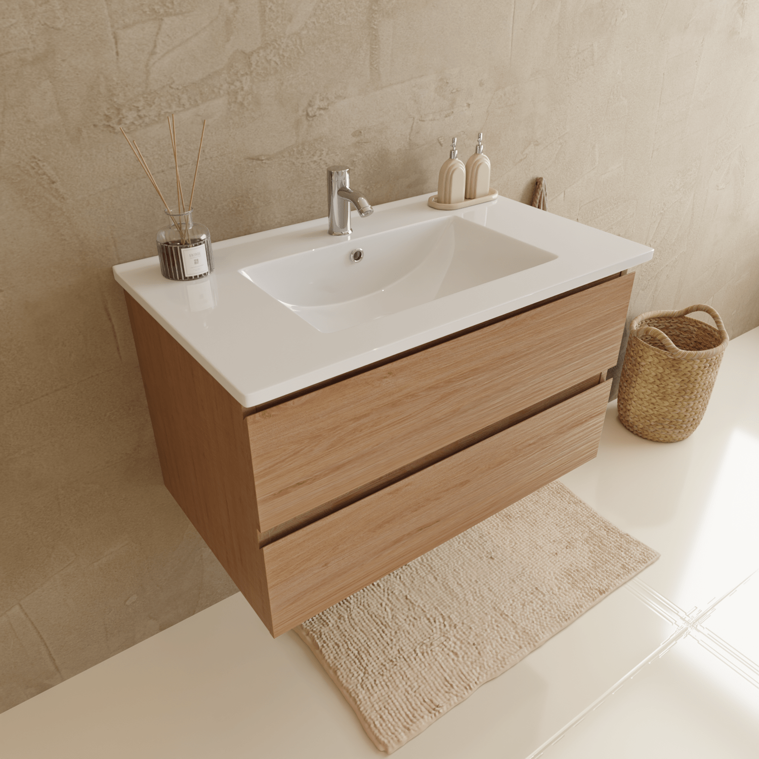 Ensemble Meuble Vasque 80 Cm Avec Colonne - Chêne Clair - Lavabo Blanc - LOMAZOO Verona - 2
