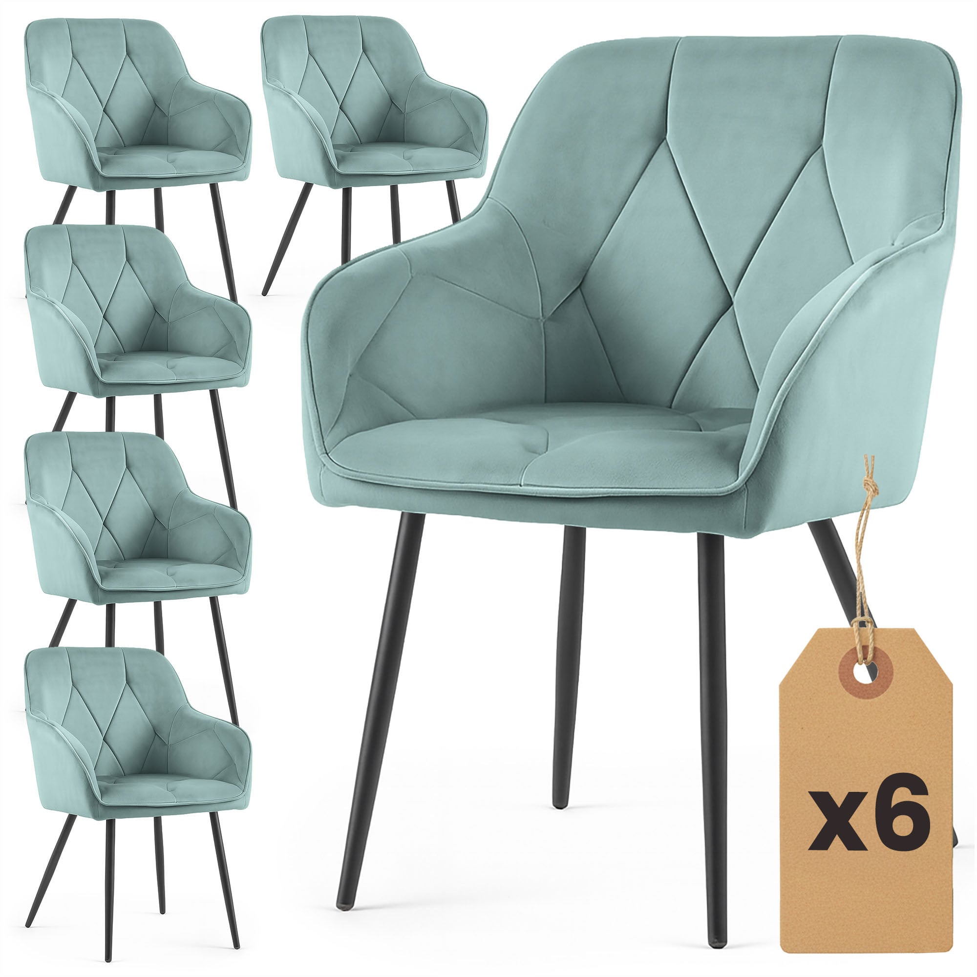 6x Welurowe krzesło tapicerowane pikowane Turkusowe DIAMANTE Czarne nogi