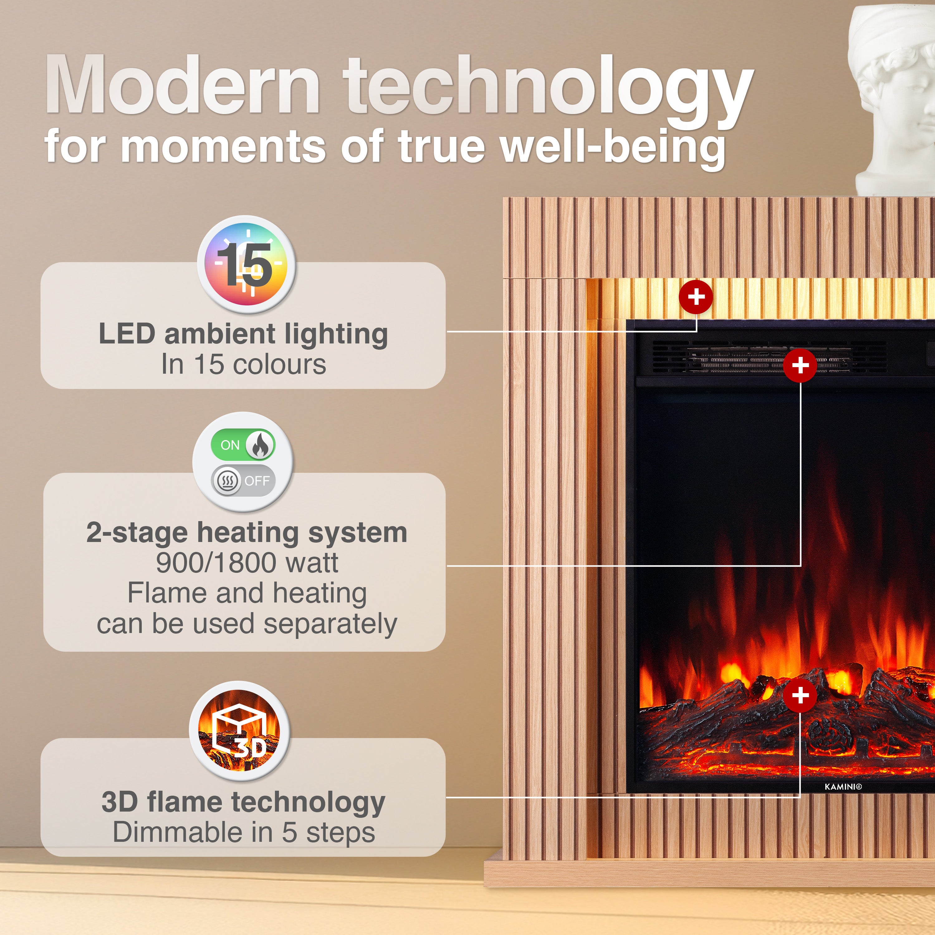 KAMINIO Cheminée électrique MATTI - Cheminée sur pied avec chauffage, effet de flamme 3D, lumière d'ambiance LED, télécommande - 32 pouces, Panneau - 3