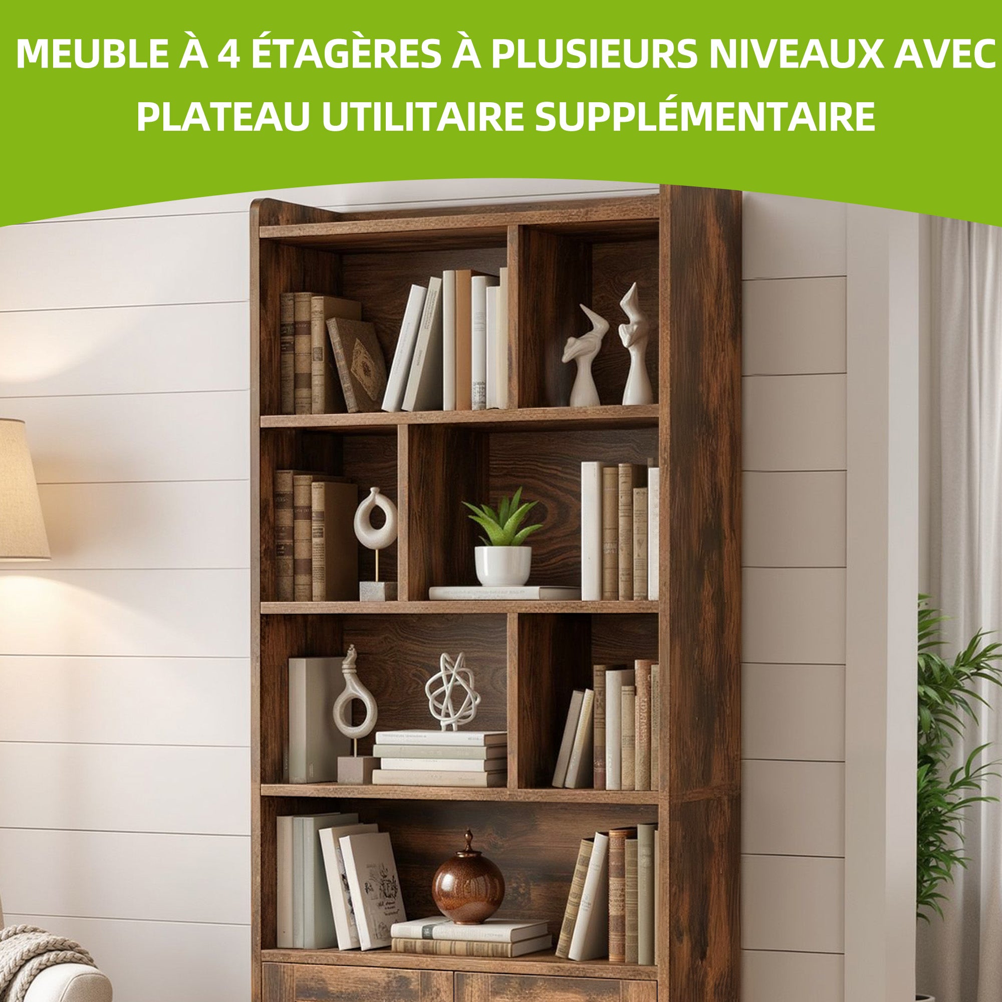 YITAHOME Bibliothèque 4 Étagères, Portes et Compartiments, Marron 60x30x159cm - 5