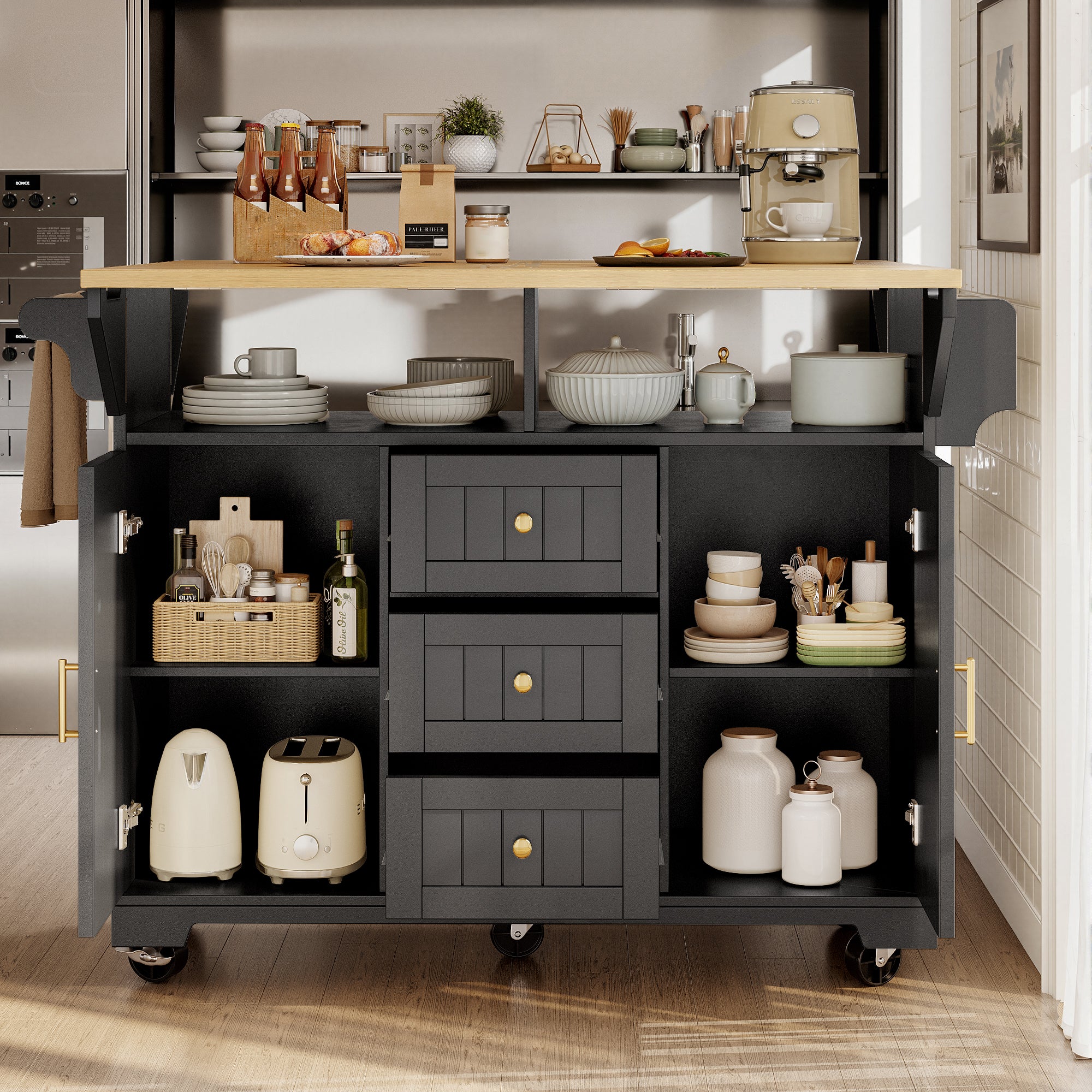 Îlot central de cuisine mobile avec 2 portes et 3 tiroirs - 120 x 40/80 x 95 cm - Plateau extensible - MDF et métal - Noir - 3