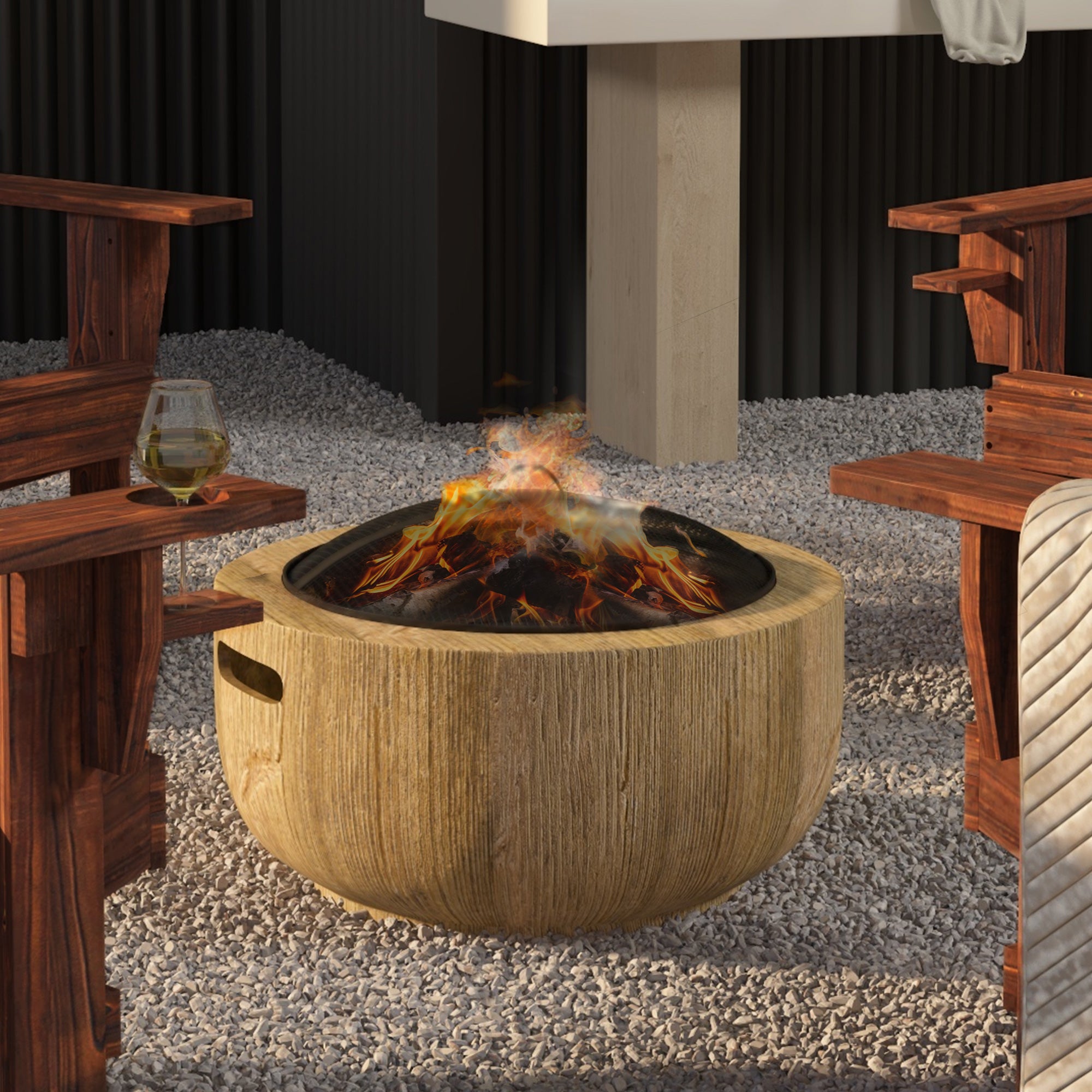 Fogueira com tampa e gancho, design tronco de árvore, aço marrom, para jardim, terraço e camping - 8