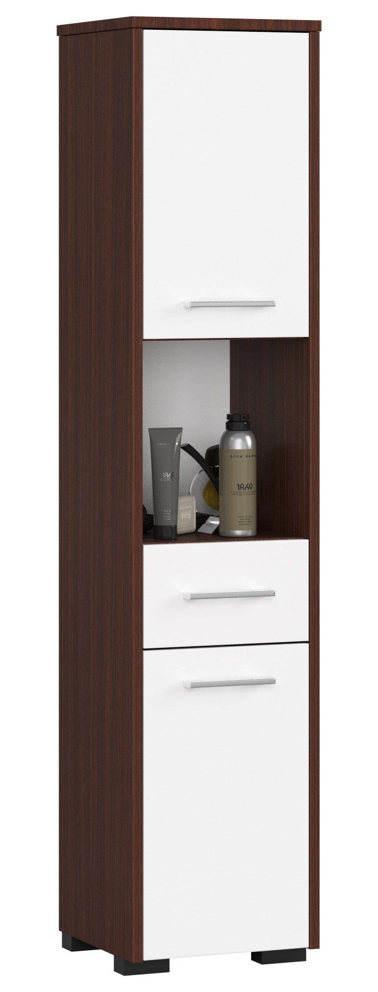 Wolnostojąca szafka łazienkowa: 1 szuflada, 2 drzwi, 5 półek, wenge | biały, szer.: 30 cm, wys.: 140 cm, gł.: 30 cm.