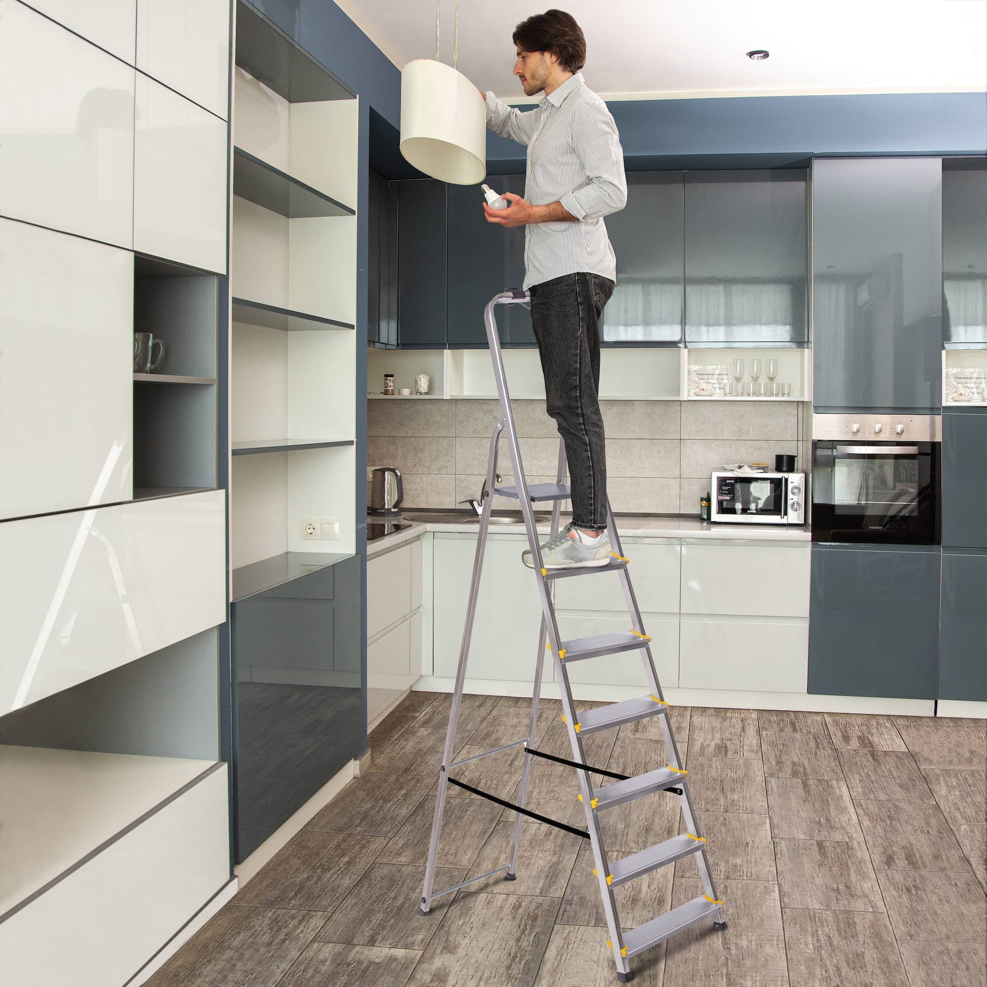 HOSTRÖM Escabeau 7 marches DURA pliable, marchepied léger en aluminium, hauteur plateforme 140cm, pieds antidérapants, charge 150kg, garantie 5 ans - 3