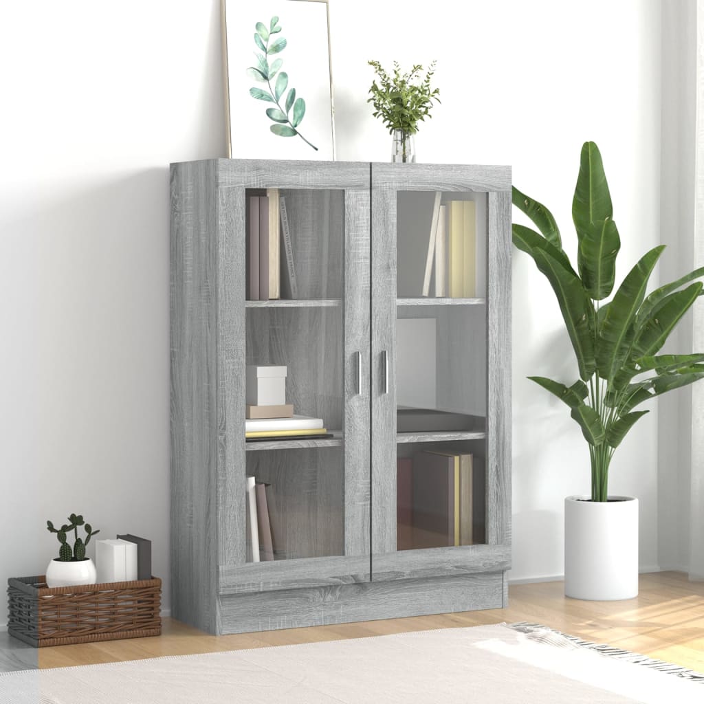 Vitrina De Madera Contrachapada Roble Ahumado – 82,5x30,5x185,5 Cm Con 5 Compartimentos Y 2 Puertas De Vidrio – Ideal Para Libros, DVD Y Objetos Decorativos