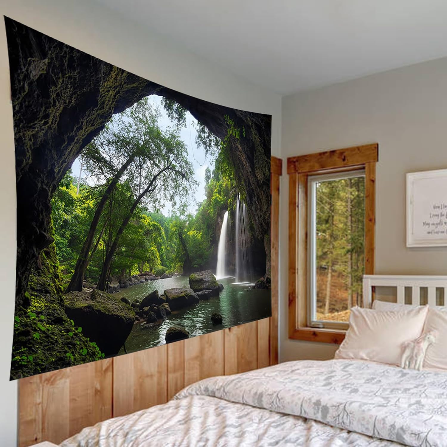 Arazzo da parete con alberi, cascata, foresta, lago di montagna, in ...
