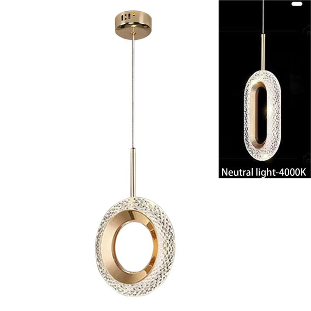 Oświetlenie sufitowe wiszące LED, okrągłe, kryształowe, złote, chromowane, 4000K, neutralne światło do sypialni, przedpokoju, kuchni