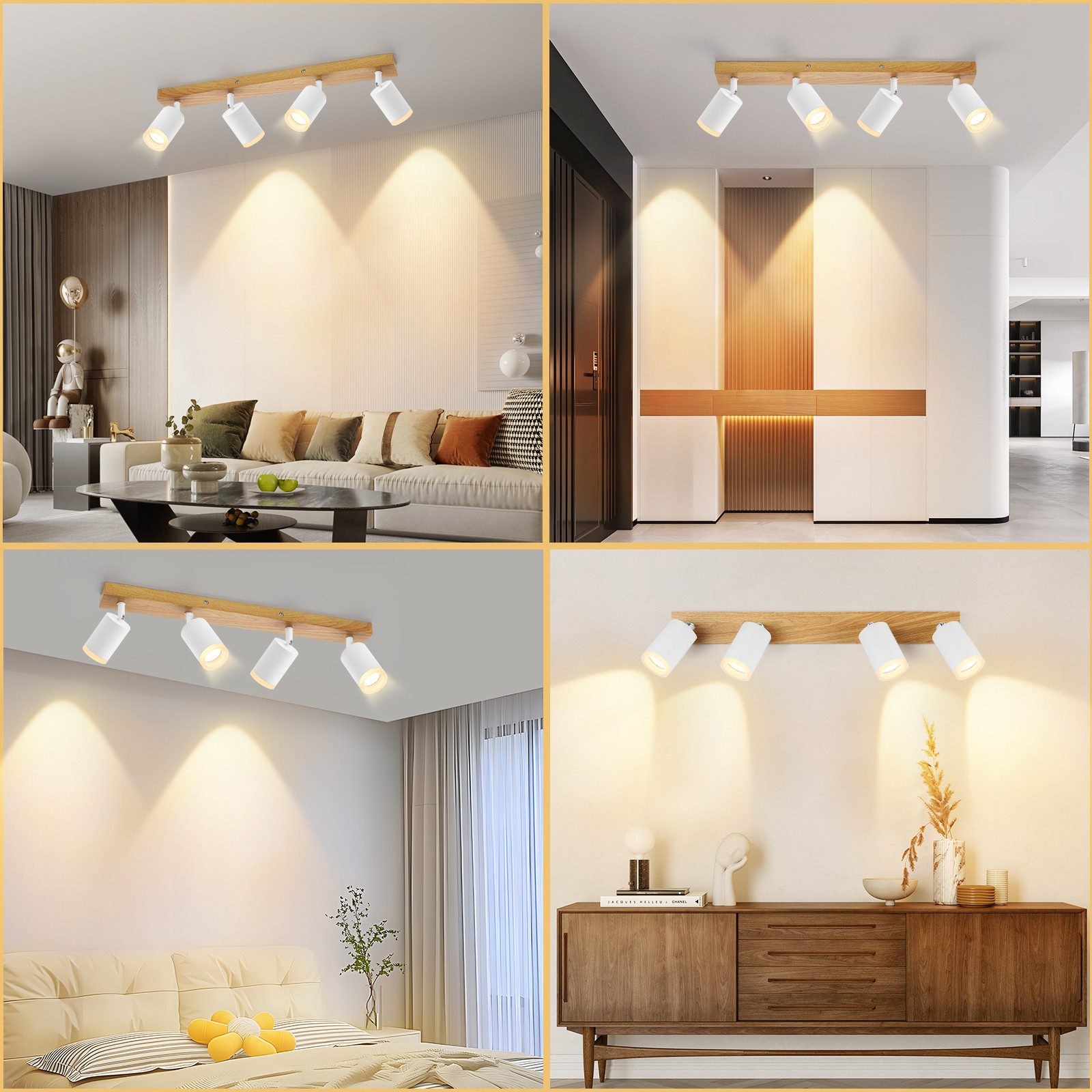 ZMH Foco de techo LED de 4 llamas GU10 madera-acrílico Lámpara de techo giratoria 350° Salón - 7
