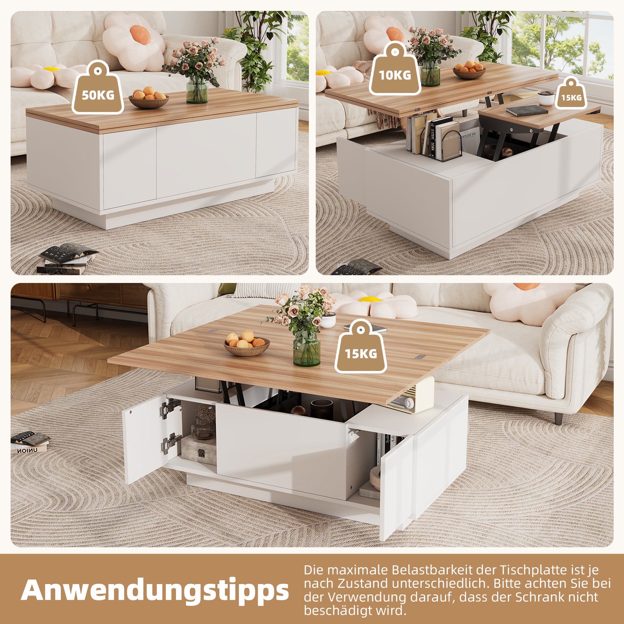 Stolik kawowy z 2 podnoszonymi blatami i 2 małymi drzwiczkami - 100 x 50 x 55,5 cm - Płyta wiórowa - Biały + naturalny - 2