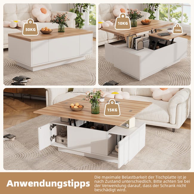 Mesa De Café Meerveil Con Estantes - 90x43x60 Cm, Blanco Crema Y Madera, Vidrio Templado, Estilo Moderno